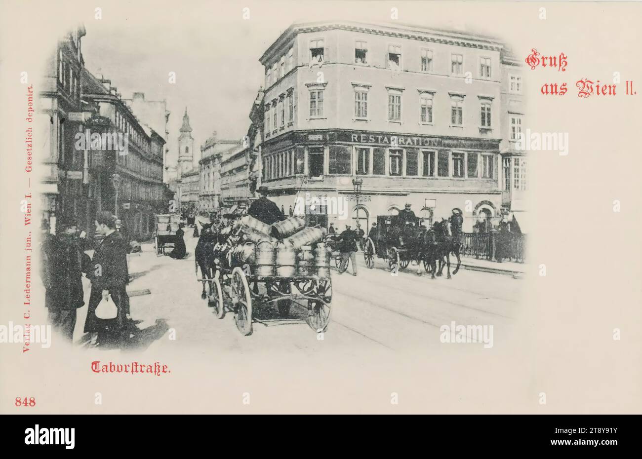 2, Taborstraße - view from Schwedenbrücke, picture postcard, Carl (Karl) Ledermann jun., maker, date about 1898, cardboard, collotype, 2nd district: Leopoldstadt, (farmer's) wagon, freight wagon, carriage, the usual house or row of houses, apartment house, tenement house, house with store, church (outside), with people, four-wheeled animal-drawn vehicle, ex: Droschke, carriage, wagon, street, Taborstrasse, The Vienna Collection Stock Photo