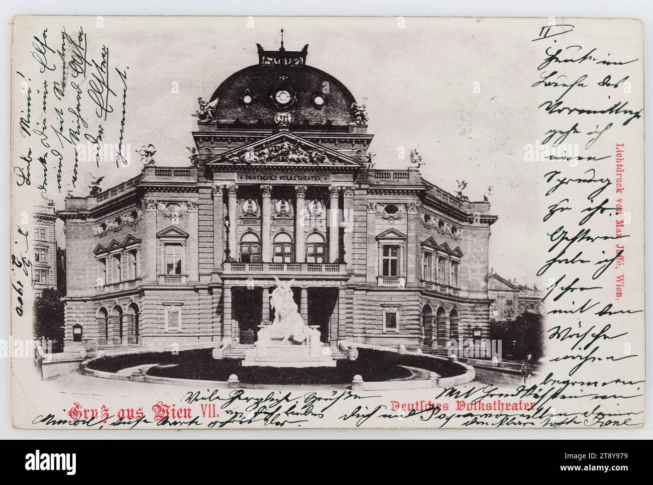 7th, Burggasse 2 - Volkstheater, picture postcard, Max Jaffé (1845-1939), producer, 1900, coated cardboard, collotype, inscription, FROM, Vienna, TO, Gries - Bolzano, ADDRESS, Wohlgeboren Frau, in Gries - Bolzano, Hôtel 'Mon séjour', Sud Tirol, NACHRICHT, d. 5., 2. 1900, Dear Mimi!, Just think Elsa is called since Sunday by Richard Asta or Elster. Today in the course of the morning I go a jump to her. Yesterday I already started sewing laundry. With hand kisses to you and dad from all your Irene, Many warm greetings to you dear Mimerl, this card belongs to the ., theater Stock Photo