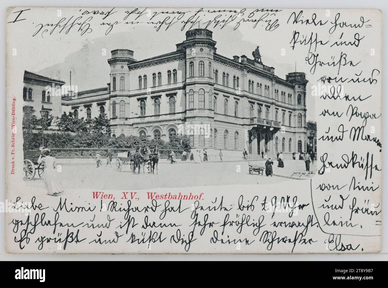 15th, Europaplatz 1 - Westbahnhof, picture postcard, Franz Schöler († 1911), producer, 1899, coated cardboard, halftone printing, lettering, FROM, Vienna, TO, Mattsee bei Seekirchen, ADDRESS, Wolgeboren Fräulein, Mattsee bei Seekirchen, Gasthof Steiner, MESSAGE, Dear Mimi! Richard slept until 1, 2 9 o'clock today and then awoke very cheerfully. Greetings and kisses from your sister, Many hand kisses and greetings from all of us to Papa and Mama, Hand kisses from Tini and Fräulein Elsa, Richard is sitting very nicely in the walking school and Heinrich is learning very well Stock Photo