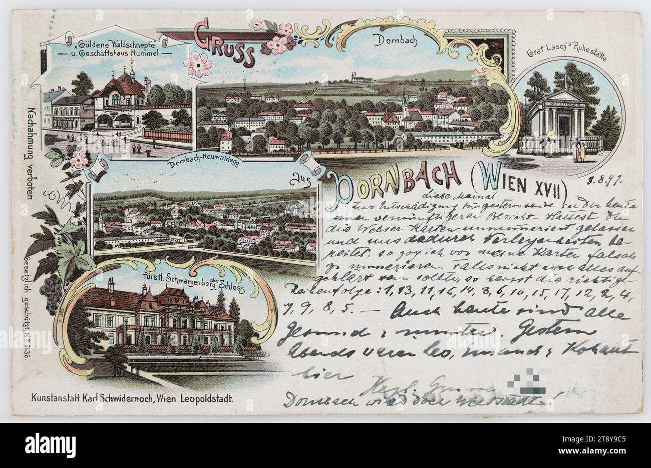 17th, Dornbach - panorama of Dornbach and Neuwaldegg, restaurant 'Zur goldenen Waldschnepfe', Schwarzenberg Castle and grave of Count Lascy, picture postcard, Karl Schwidernoch, manufacturer, 1897, coated cardboard, color lithograph, inscription, FROM, Vienna, TO, Peuerbach bei Neumarkt-Kaltern, ADDRESS, Peuerbach bei Neumarkt-Kaltern Upper Austria, MESSAGE, 3.8.97, Dear Mom! To compensate you for yesterday, I am sending you a sensible report today. While you had left the Welser cards unnumbered and thus caused us embarrassment Stock Photo