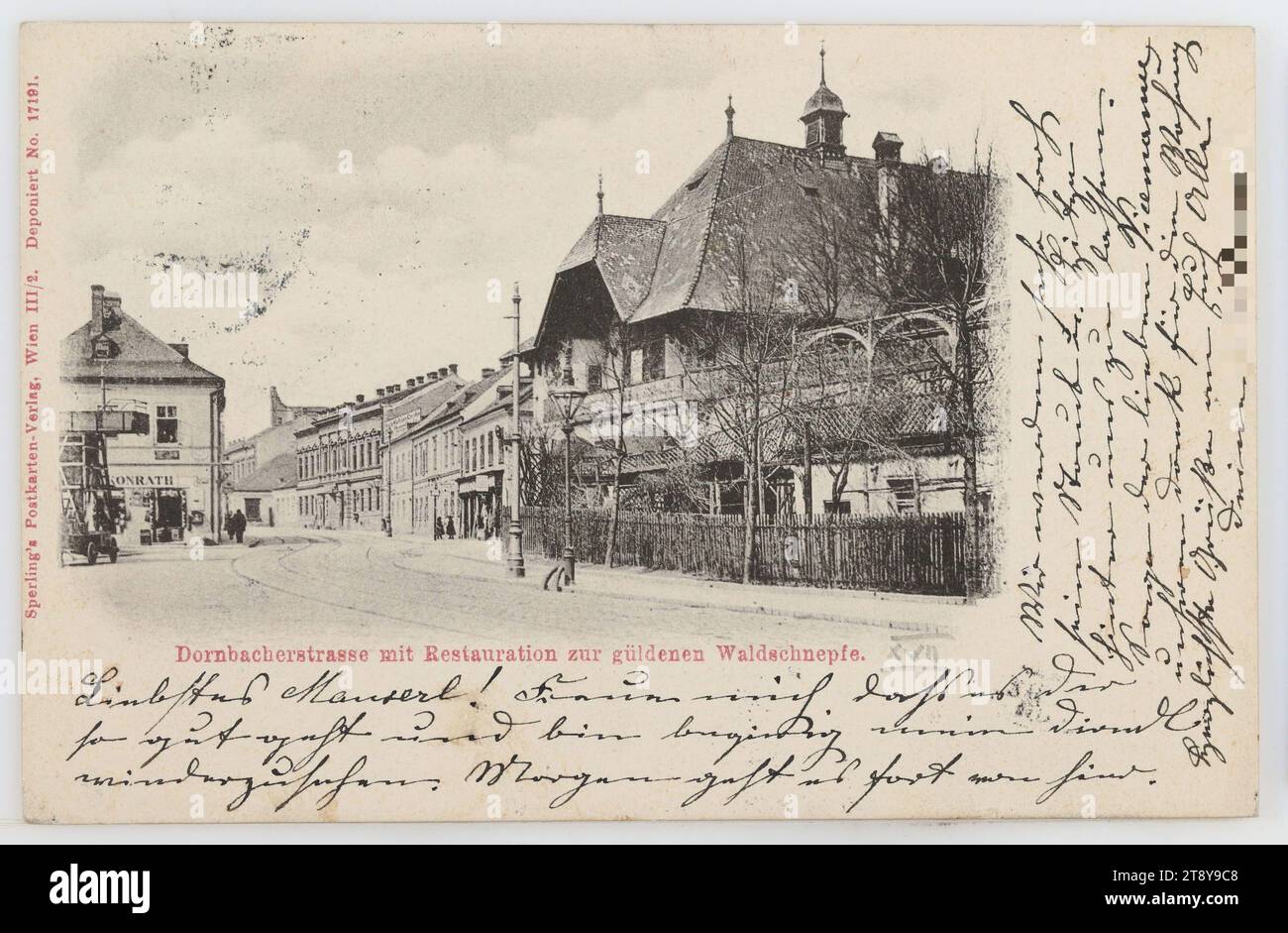 17th, Dornbach - Dornbacher Straße - with restaurant 'Zur goldenen Waldschnepfe', picture postcard, Sperlings Postkartenverlag (M. M. S.), manufacturer, 1904, cardboard, collotype, inscription, FROM, Vienna, TO, St. Agatha, ADDRESS, Miss, p. ad. Mr., St. Agatha, Post Au bei Goisern, MESSAGE, Dearest mouse! I am glad that you are doing so well and am eager to see my Dirndl again. Tomorrow we leave here, we will be very glad to leave dust and heat behind us. Tell the dear [...] our thanks for the apartment, Warmest greetings to you all, Yours, Hotel and restaurant industry Stock Photo