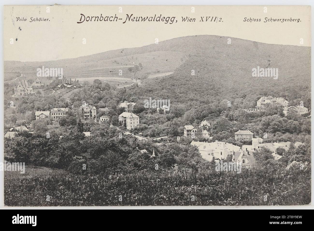 17th, panorama of Dornbach and Neuwaldegg, with Schwarzenberg Castle, picture postcard, Carl (Karl) Ledermann Jr, manufacturer, 1906, cardboard, collotype, inscription, VON, Vienna, ZU, Peuerbach b. Neumarkt, O.Ö, ADDRESS, Miss, ., Peuerbach b. Neumarkt, Kalham, O.Ö., NACHRICHT, Dear [...], Have your lb. card with, thanks received u. I am glad that you so well, converses. We play tennis diligently and I am looking forward to your return, Today I was in the bath, it was only 10° and it was at least a cooling, Write again soon. Herzl, greeting, Vienna Woods, nobility Stock Photo