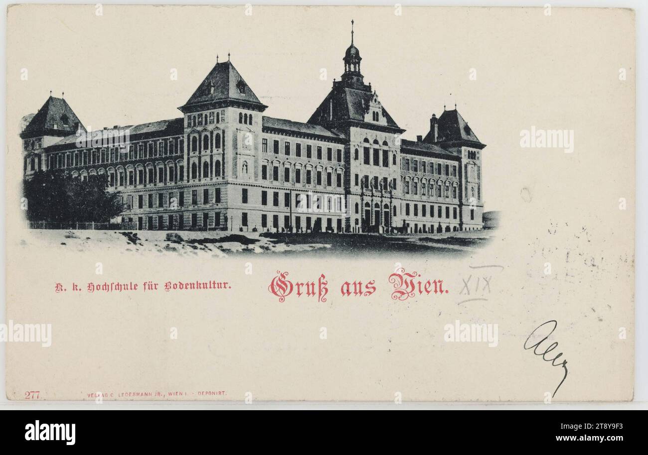 18th, Gregor-Mendel-Straße (formerly Hochschulstraße) 33 - University of Natural Resources and Applied Life Sciences, picture postcard, Carl (Karl) Ledermann jun., producer, 1898, cardboard, collotype printing, education and teaching, universities, 18th., The Vienna Collection Stock Photo