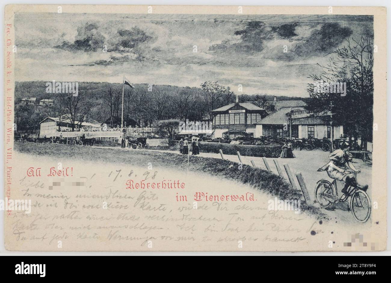 17th, Neuwaldegg - Rohrerhütte, picture postcard, Charles Scolik (1854-1928), photographer, publisher, 1898, cardboard, collotype, inscription, FROM, Vienna, TO, Zinnowitz, Prussia, ADDRESS, Wohlg(eboren), Fräulein, in Zinnowitz, Hotel Eichenhain, Prussia, NACHRICHT, 17. 8.98, Dear    !, In my infinite kindness I am still sending you this card, but for the rest I would like you to strike a somewhat more authoritative tone on your cards about me. After all, I'm not a robber you need to write warnings about me on every card, Wienerwald, recreation and leisure Stock Photo