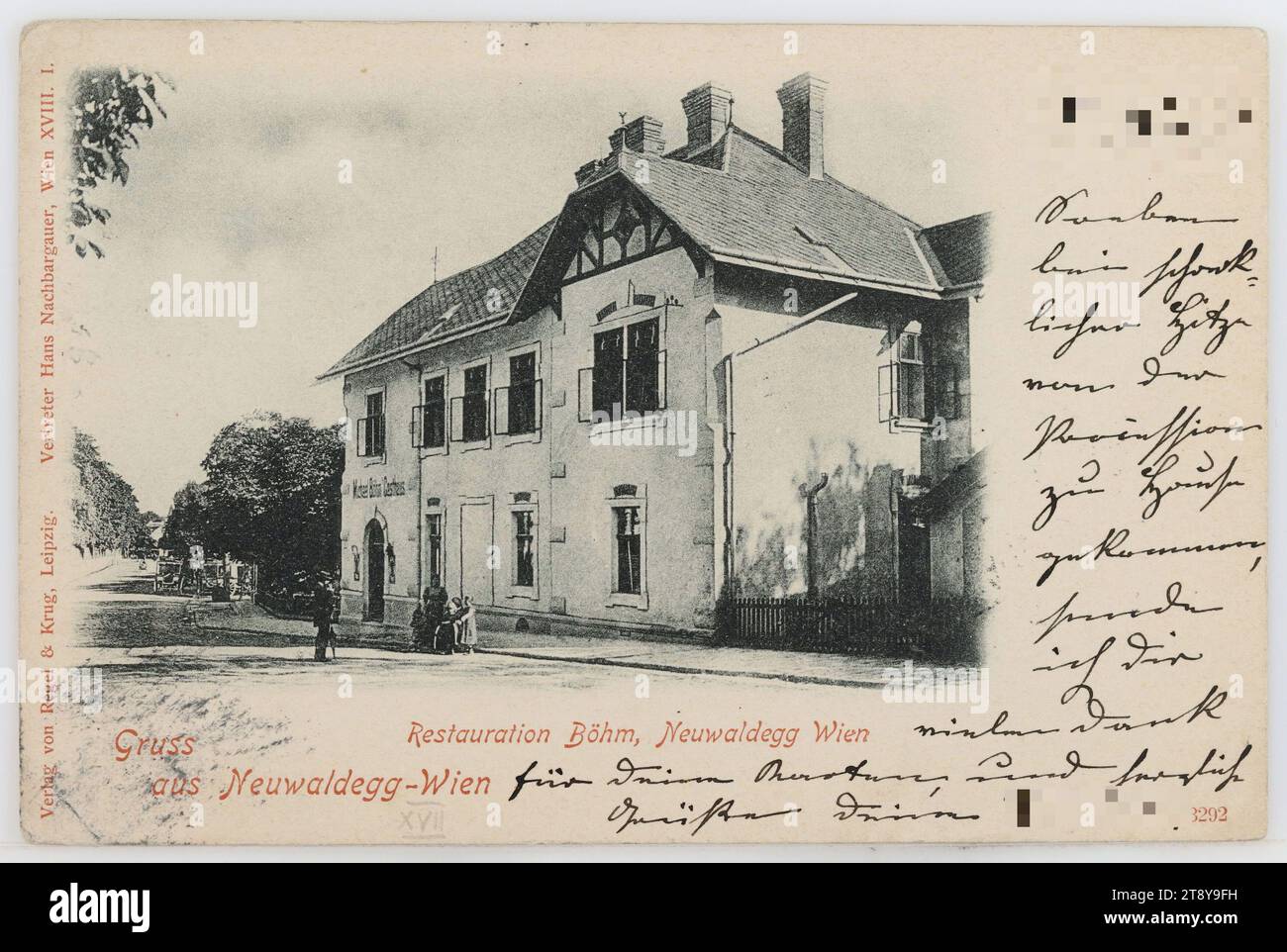 17th, Neuwaldegg - Restauration Böhm, picture postcard, Hans Nachbargauer, representative, Regel & Krug Verlag, producer, 1898, cardboard, collotype, inscription, FROM, Vienna, TO, Karlsbad, ADDRESS, Wohlgeboren Herr ., k.k.. Baurath u. Architekt, Karlsbad, König v. England, Schlossberg, NACHRICHT, Just arrived home from the procession in terrible heat, I send you many thanks for your cards and warm greetings Yours, Hotel- und Gaststättengewerbe, Wienerwald, Medien und Kommunikation, Postkarten mit Transliteration, 17. Bezirk: Hernals, mit Personen, Handschrift, Schrift Stock Photo