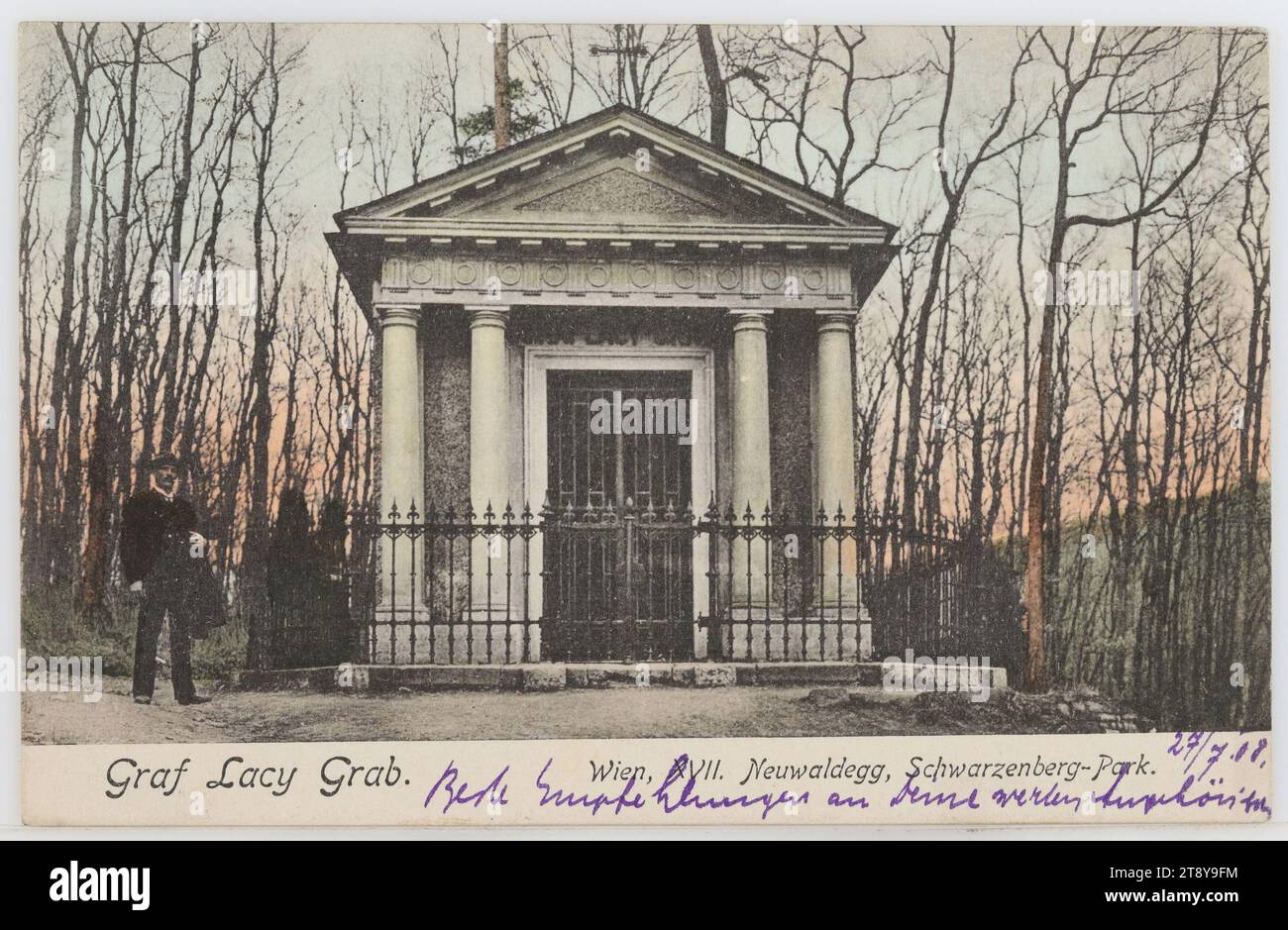 17th, Neuwaldegg - Neuwaldegg Park - Lacy Tomb, picture postcard, Sperlings Postkartenverlag (M. M. S.), producer, 1908, cardboard, hand-colored, collotype, info, text, See more in Wien Museum Magazine article, ''Oh Gegend meiner Wahl!'. Count Lacy's Holländerdörfl on the Hameau', inscription, FROM, Vienna, TO, Obertauern, ADDRESS, Miss Hotel Wiesenegg post Obertauern Salzburg, MESSAGE Stock Photo