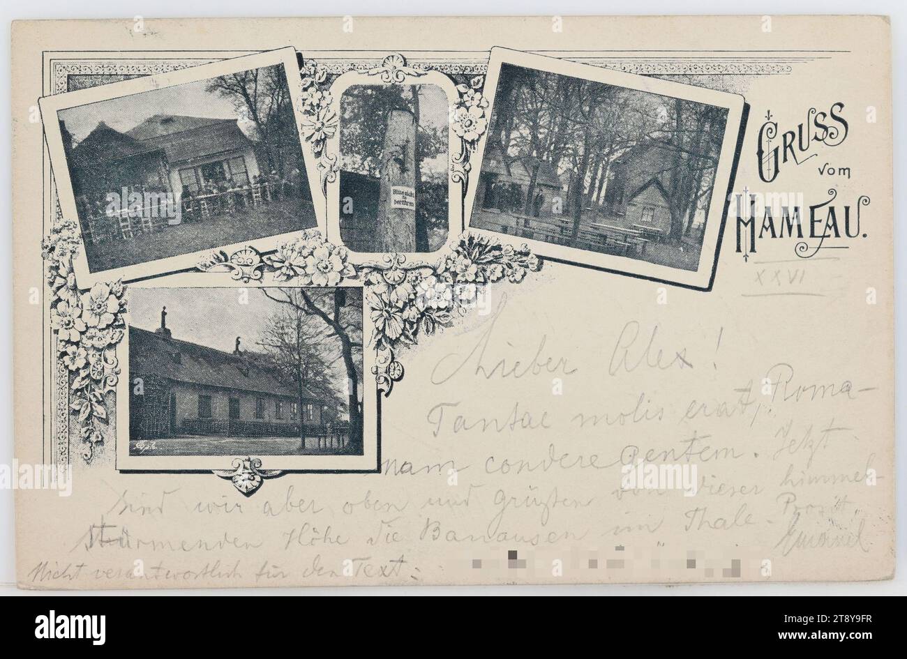 17th, Neuwaldegg - Hameau, picture postcard, unknown, 1898, cardboard, halftone printing, inscription, FROM, Vienna, TO, Vienna, ADDRESS, Hochwohlgeboren Herr, [...], in Vienna, VIII Wickenburgg 16, MESSAGE, Dear Alex!, Tantae molis erat, Romanam condere gentem. But now we are at the top and greet from this heavenly height the philistines in the valley. Prosit, Emanel, Not responsible for the text: [...], [Translation of the Latin quotation: Such trouble it caused to establish the Roman people. Quoted from: Virgil, Aeneid 1.33], Wienerwald, Hotel and restaurant industry Stock Photo