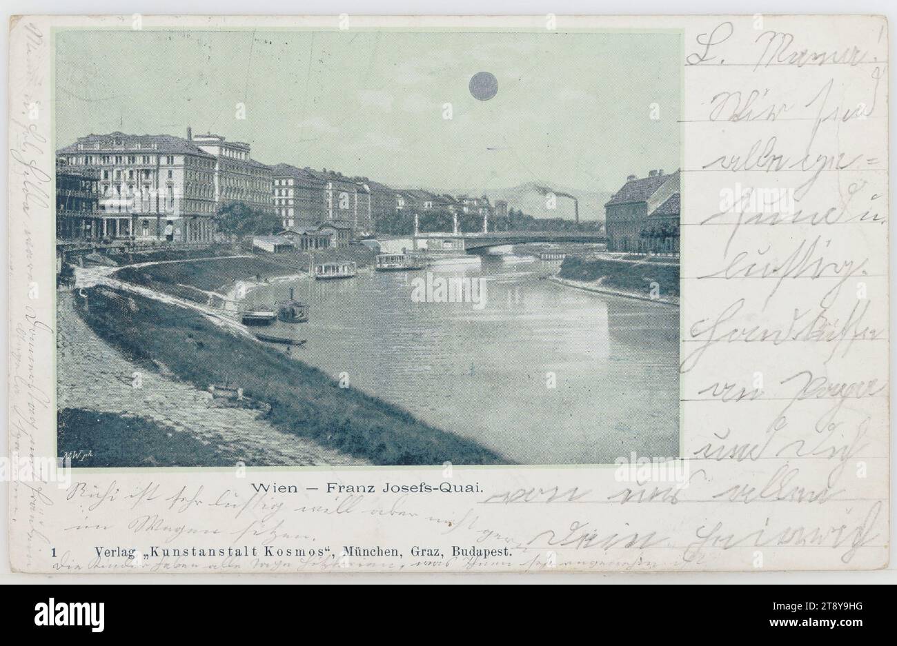Danube Canal - with Franz-Josefs-Kai - view upstream, picture postcard, Kunstanstalt Kosmos, Producer, 1899, coated paperboard, hand colorised, Danube, Hotel and Restaurant Industry, Media and Communication, Donaukanal, Postcards with transliteration, canals, waters (in city), quay, the usual house or row of houses, flat-building, apartment house, bridge, ships (in general), handwriting, written text, The Vienna Collection Stock Photo