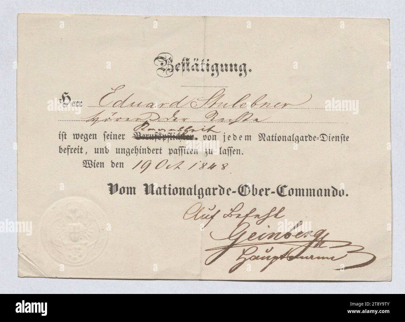 Confirmation of exemption from National Guard service for Eduard Stulebner, signed 'Geinberg, Hauptmann', Unknown, 1848, paper, print and handwriting, height 10 cm, width 14, 1 cm, Military, Revolutions of 1848, 1849, communication (military), The Vienna Collection Stock Photo