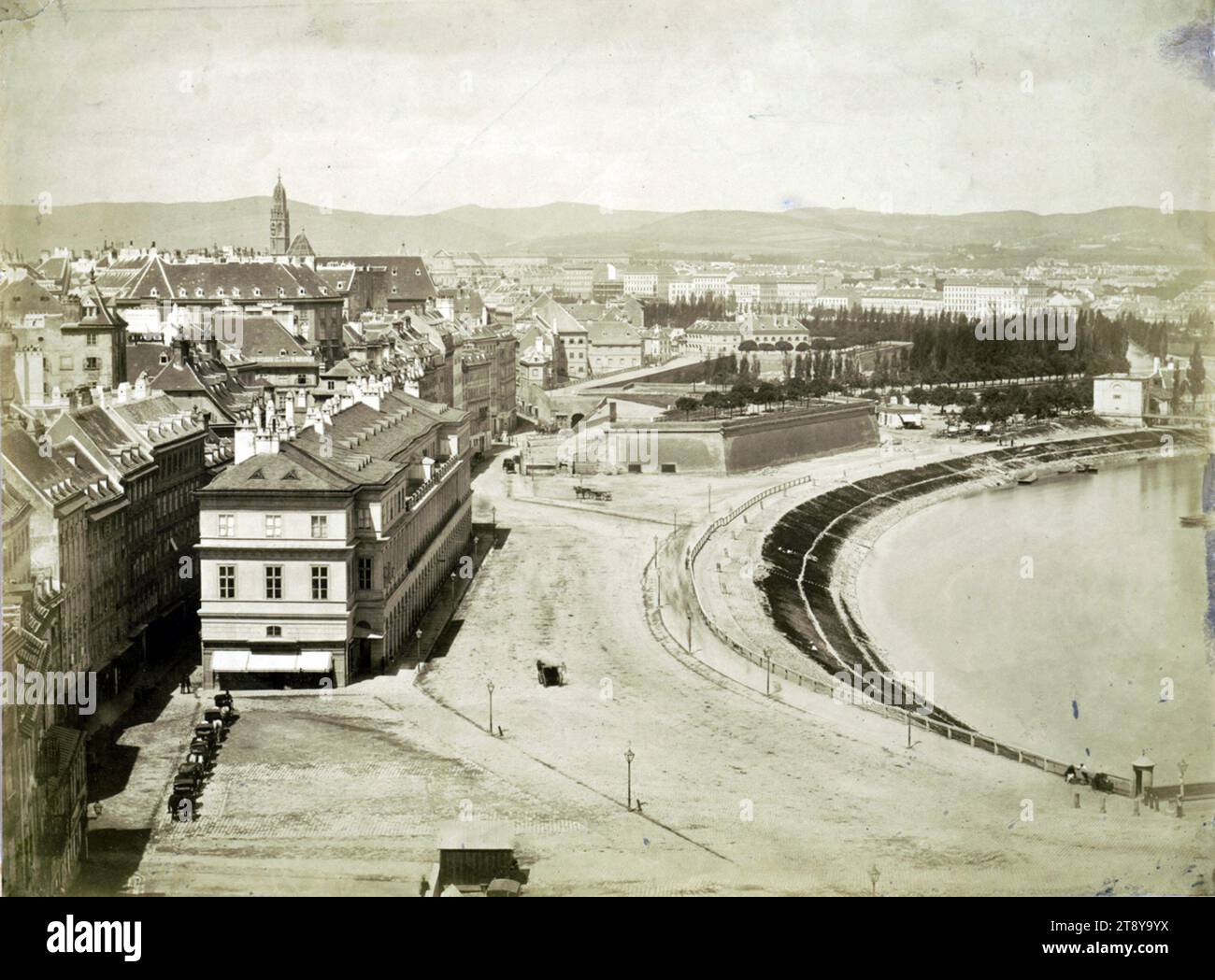 City fortification: Franz-Josefs-Kai after demolition of Rotenturmbastei, k. k. Hof- und Staatsdruckerei Wien (1804-1918), Photographer, 1858, supporting cardboard, salted paper print, image size 51, 4×55, 4 cm, supporting cardboard 47×63 cm, Urban Planning and Urban Development, Danube, Construction, Donaukanal, Vanished Sites and Structures, 1st District: Innere Stadt, city-view, and landscape with man-made constructions, demolition, canals, waters (in city), The Vienna Collection Stock Photo