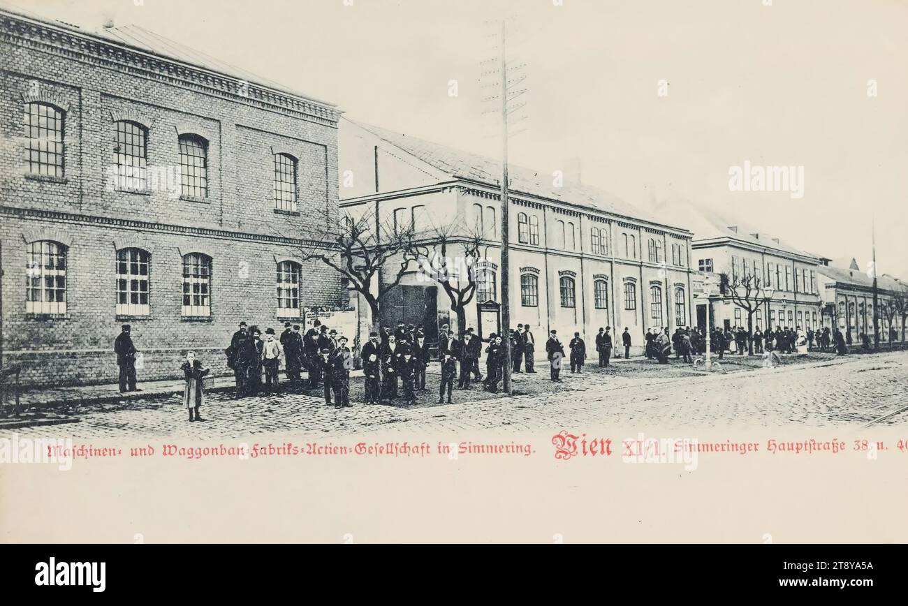 11th, Simmeringer Hauptstraße 38-40 - 'Maschinen- und Waggonbau-Fabriks-Actien-Gesellschaft in Simmering', picture postcard, Carl (Karl) Ledermann jun., manufacturer, date around 1898, cardboard, collotype, height×width 9×14 cm, industry and production, 11th district: Simmering, factory building, with people, telegraph pole, telephone pole., The Vienna Collection Stock Photo