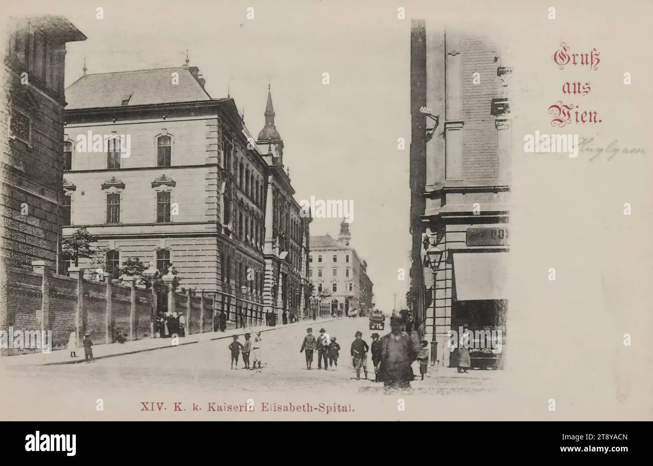 15th, Huglgasse - with Kaiserin-Elisabeth-Spital - view towards Märzstraße, picture postcard, Sperlings Postkartenverlag (M. M. S.), Producer, 1900-1905, paperboard, Collotype, height×width 9, 2×14 cm, Health Care, Vanished Sites and Structures, 15th District: Rudolfsheim-Fünfhaus, hospital, with people, Kaiserin-Elisabeth-Spital, Huglgasse, Märzstraße., The Vienna Collection Stock Photo