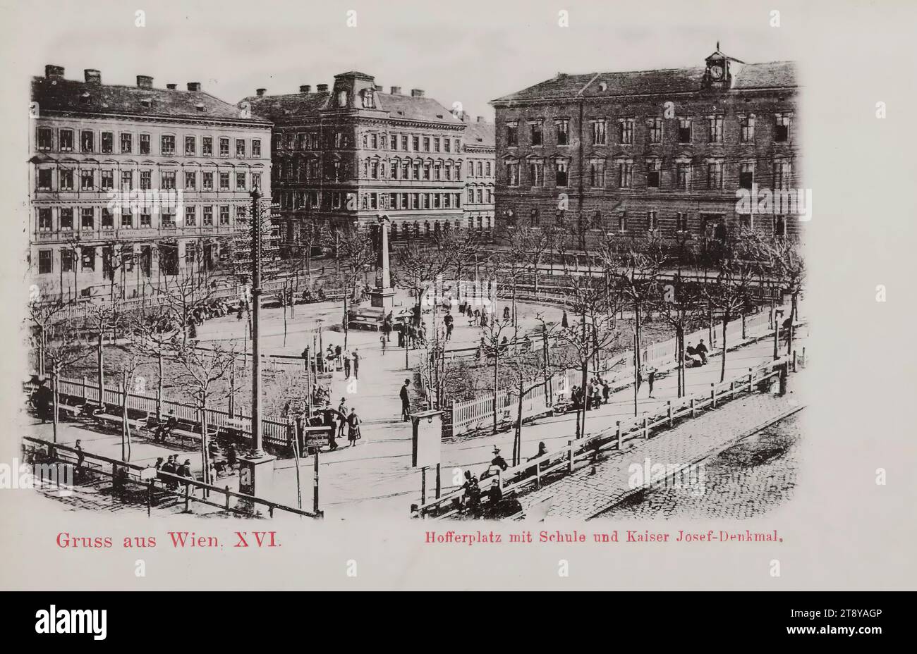 16th, Hofferplatz - with school and Emperor Josef monument, picture postcard, unknown, 1900-1905, coated cardboard, collotype, height×width 9×14 cm, education, Habsburgs, 16th district: Ottakring, monument, statue, sculpture, square, place, circus, etc., with people, low-rise building, residential building, the usual house or row of houses, house combined with store, school building, The Vienna Collection Stock Photo
