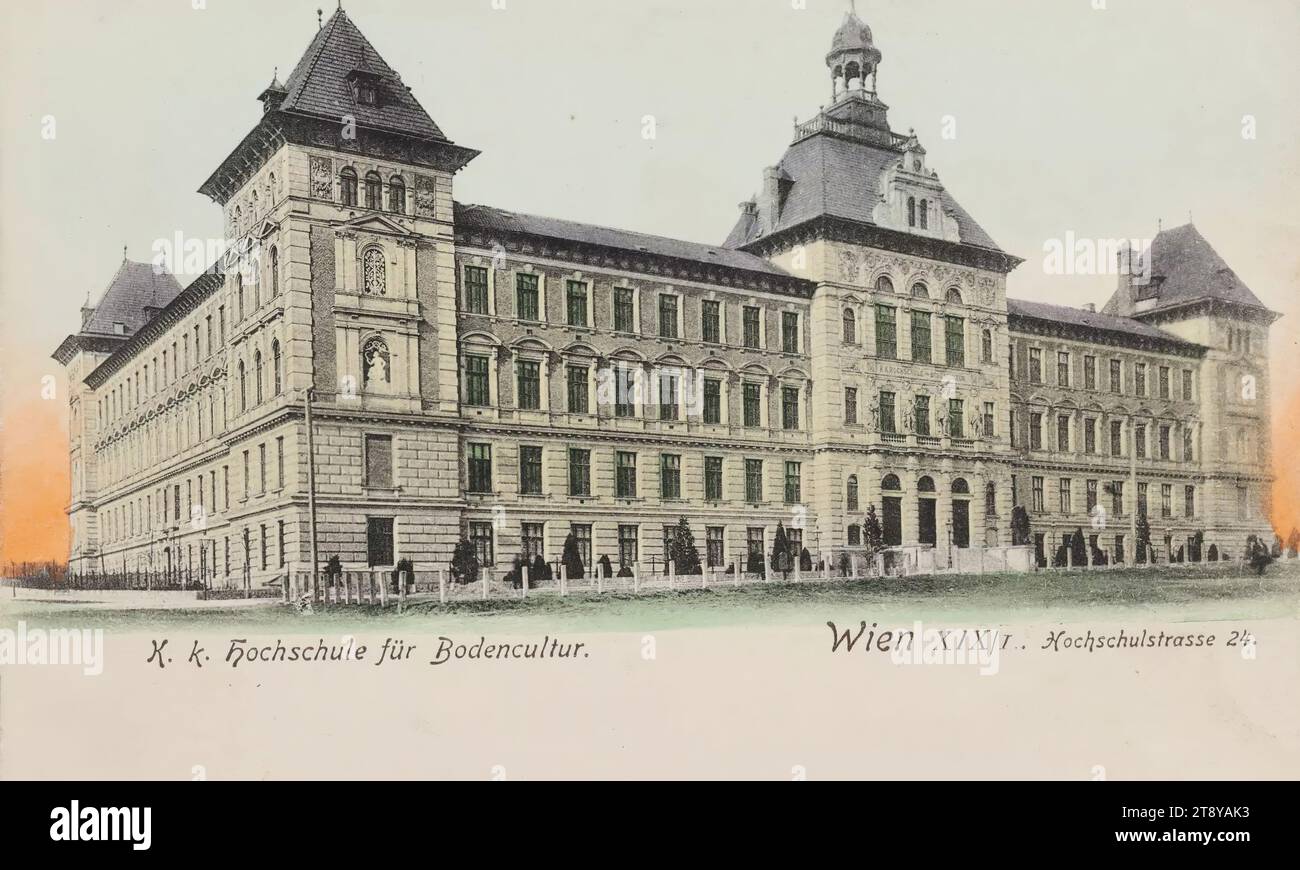 18th, Gregor-Mendel-Straße (formerly Hochschulstraße) 33 - University of Natural Resources and Applied Life Sciences, picture postcard, Carl (Karl) Ledermann Jr, producer, 1900-1905, cardboard, hand-colored, collotype, height×width 9×14 cm, education and training, universities, 18: Währing, The Vienna Collection Stock Photo