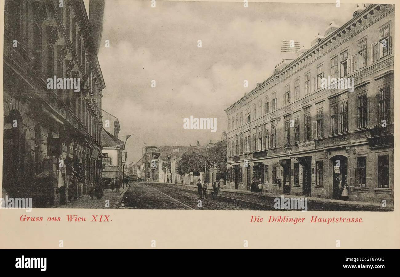 19th, Döblinger Hauptstraße - general, picture postcard, unknown, 1900-1905, cardboard, collotype, height×width 9×14 cm, 19th district: Döbling, street, the usual house or row of houses, low-rise, tenement, house combined with store, with people, The Vienna Collection Stock Photo