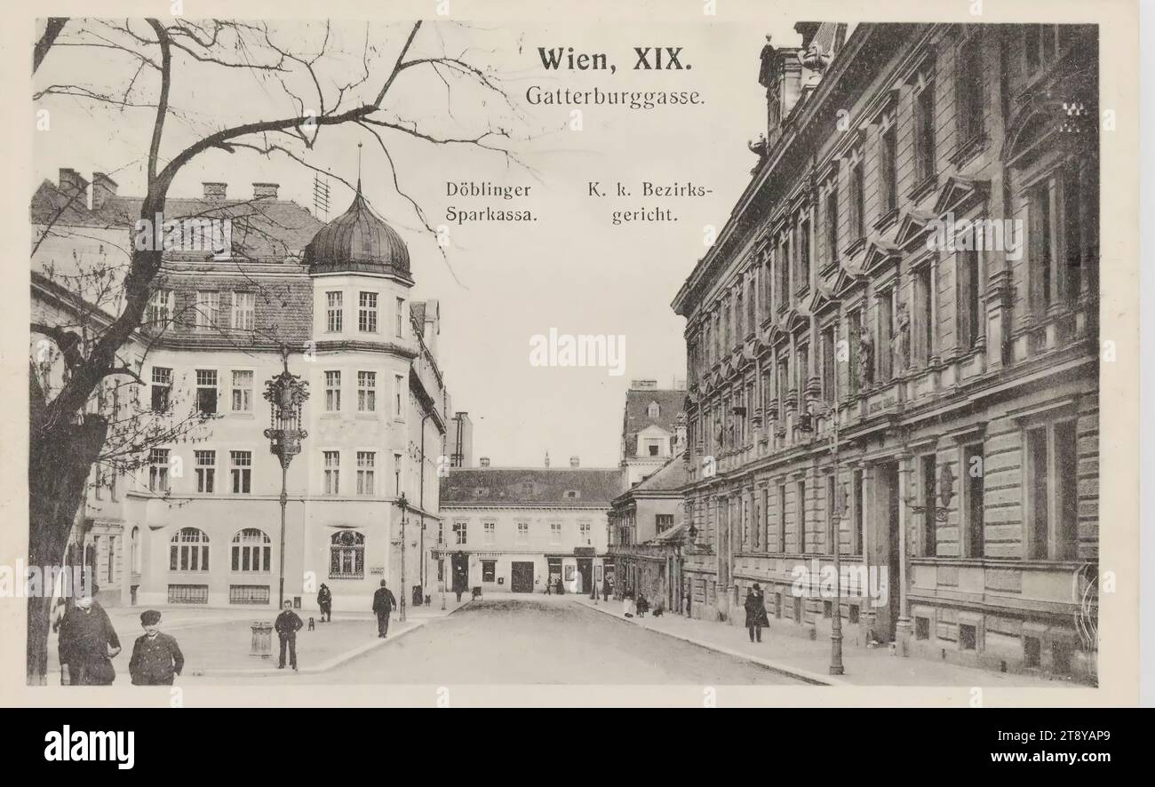 19th, Gatterburggasse - with Döblinger Sparkassa and Magistratisches Bezirksamt - view against Döblinger Hauptstraße, picture postcard, Brüder Kohn KG (B. K. W. I.), producer, 1905-1909, cardboard, collotype, height×width 9×14 cm, offices and administration, 19: Döbling, street, the usual house or row of houses, low-rise, tenement, house combined with business, with people, The Vienna Collection Stock Photo