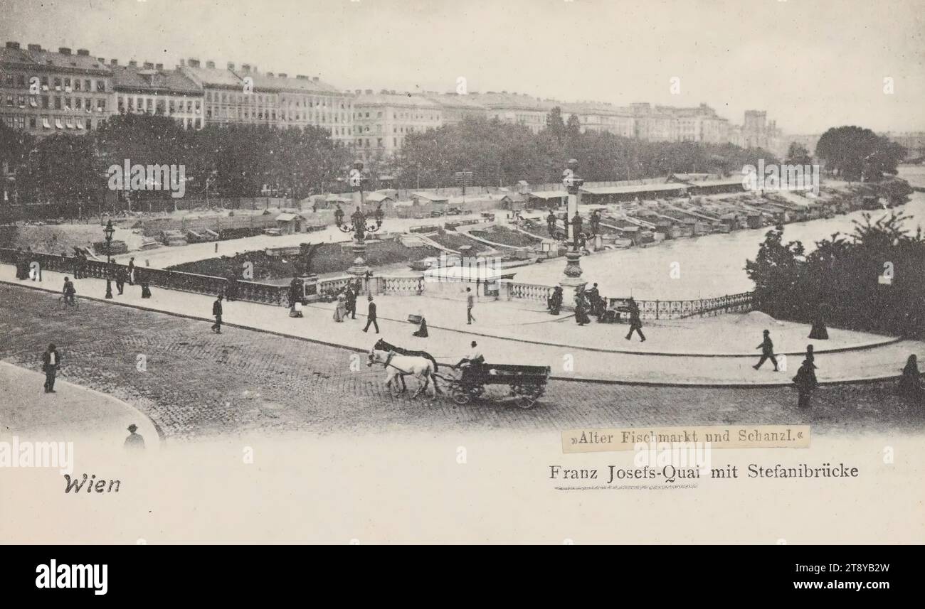 Danube Canal - Franz-Josefs-Kai with Stefaniebrücke, 'Alter Fischmarkt und Schanzl.', picture postcard, Brüder Kohn KG (B. K. W. I.), manufacturer, 1900-1905, cardboard, collotype, height×width 9×14 cm, Danube, markets, trade, Danube Canal, canals, waters (in the city), the usual house or row of houses, low-rise building, apartment building, bridge, (farmer's) wagons, freight wagons, carts, with people, The Vienna Collection Stock Photo