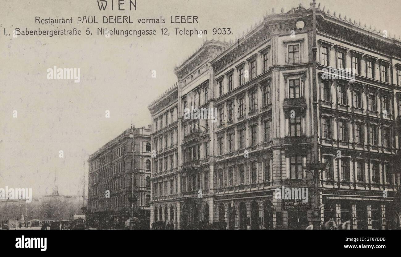 Vienna, Restaurant Paul Deierl, formerly Leber, I. Babenbergerstraße 5, Nibelungengasse 12, telephone 9033., Ludwig Trebitsch, Photographer, 1909, paperboard, Collotype, height×width 9×14 cm, Inscription, FROM, Vienna, TO, Budweis, ADDRESS, Hochwolgeboren, Herrn K u K Oberleutnant, Budweis, Bohemia, MESSAGE, Herzliche Grüsse, Dear Pirka! I am very angry with you for not showing yourself. I am asking you to help me on your way home from vacation, Media and Communication, Postcards with transliteration, 1st District: Innere Stadt, street, the usual house or row of houses Stock Photo