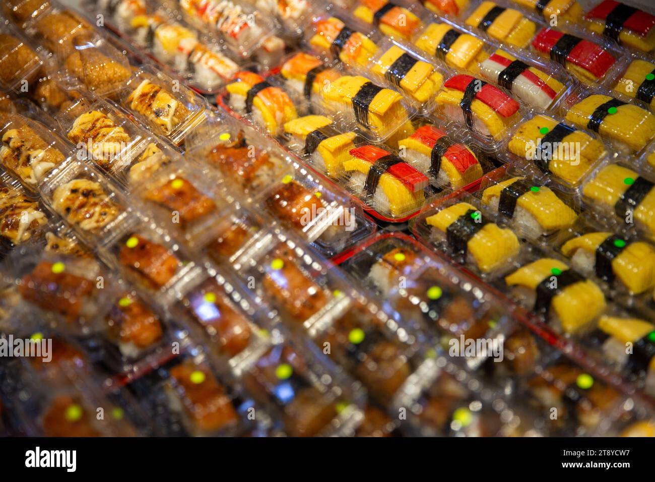 Lots of mini sushi at a food stall Stock Photo Alamy