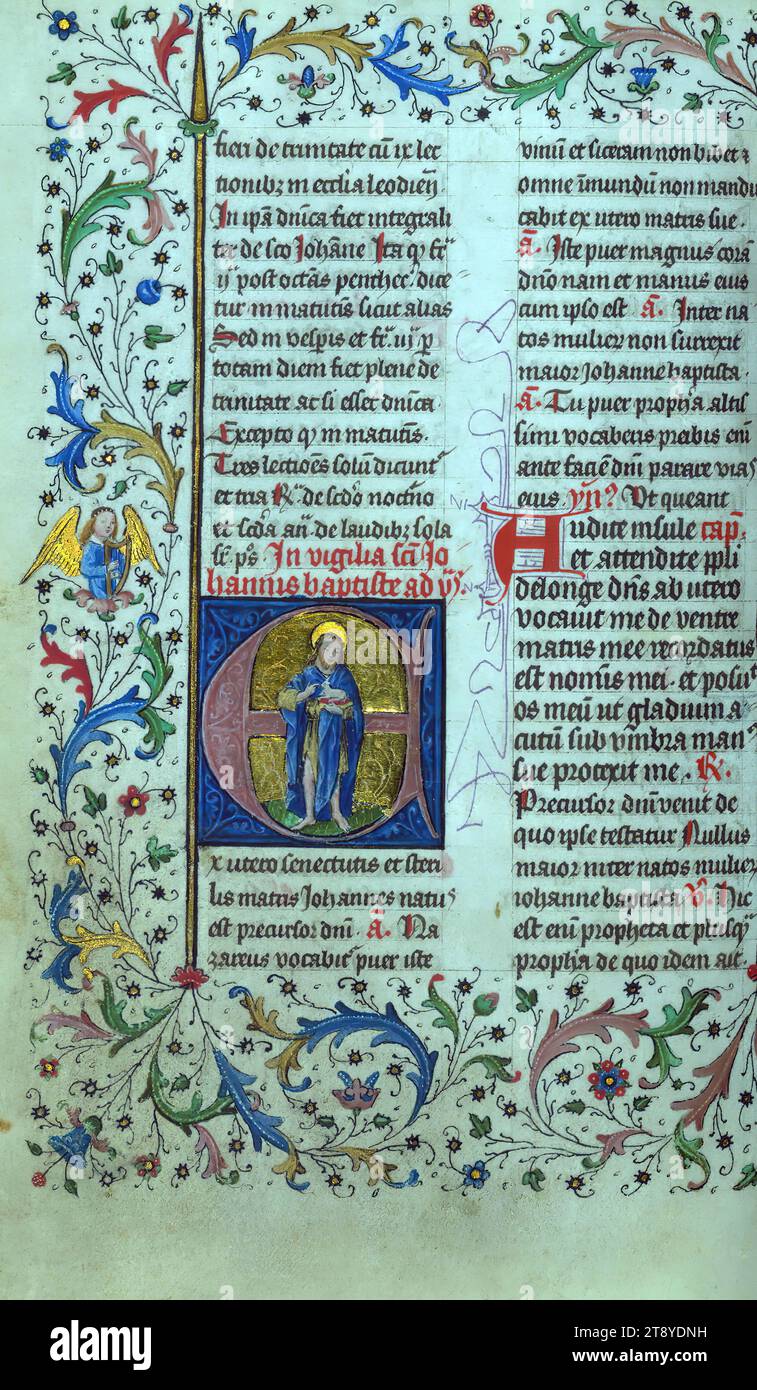 Breviary, Initial 'E' with John the Baptist holding the Lamb, This small breviary, having more that five hundred folio, is extraordinary for its length, considering it is the summer portion of a two-volume breviary for the use of Liège. The manuscript was completed for ecclesiastical use at Cathedral of Notre-Dame and St. Lambert in Liège in 1420 circa. The attribution is evidenced for instance by the Petitions to the congregation of this Cathedral, as well as the armorial shield of the family of Surlet de Chokier of Liège represented at the opening of the Psalms Stock Photo