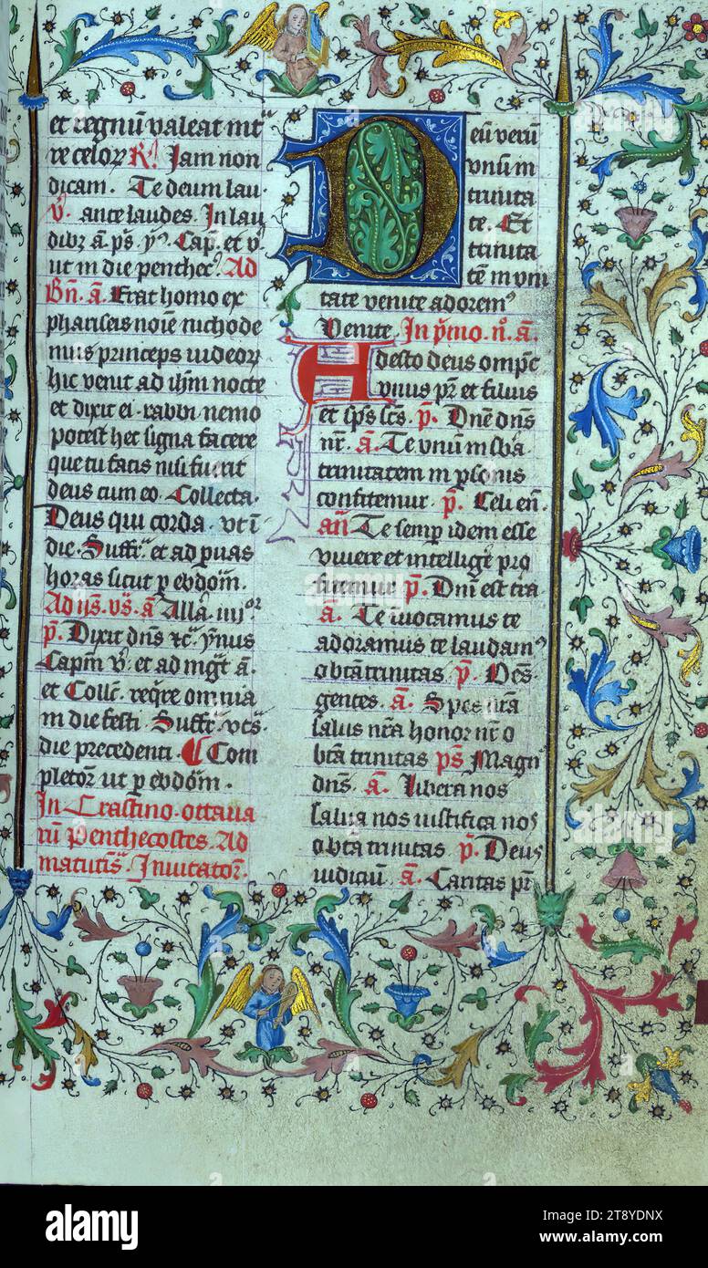 Breviary, Initial 'D', This small breviary, having more that five hundred folio, is extraordinary for its length, considering it is the summer portion of a two-volume breviary for the use of Liège. The manuscript was completed for ecclesiastical use at Cathedral of Notre-Dame and St. Lambert in Liège in 1420 circa. The attribution is evidenced for instance by the Petitions to the congregation of this Cathedral, as well as the armorial shield of the family of Surlet de Chokier of Liège represented at the opening of the Psalms Stock Photo