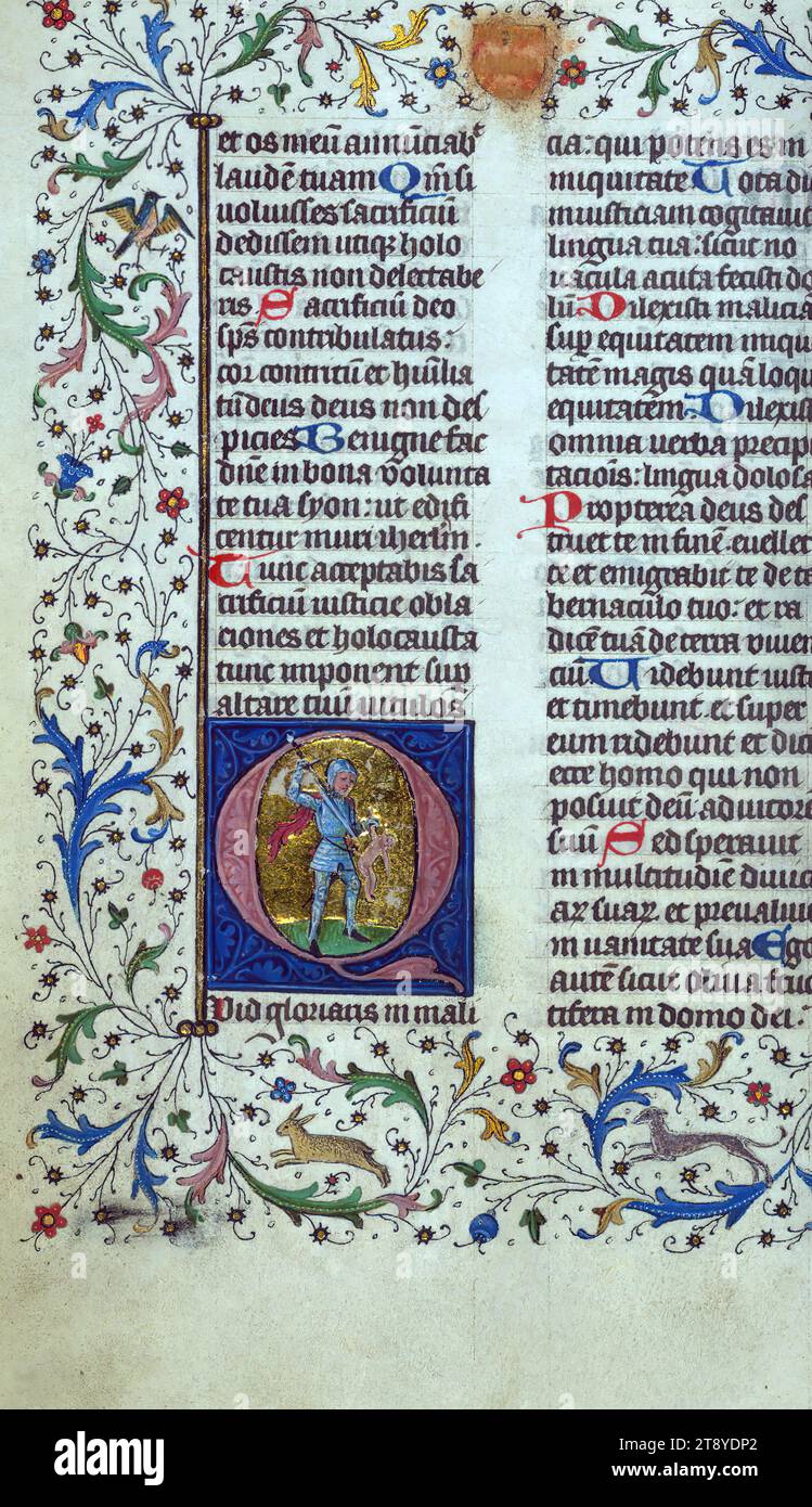 Breviary, Initial 'D' with massacre of an innocent, This small breviary, having more that five hundred folio, is extraordinary for its length, considering it is the summer portion of a two-volume breviary for the use of Liège. The manuscript was completed for ecclesiastical use at Cathedral of Notre-Dame and St. Lambert in Liège in 1420 circa. The attribution is evidenced for instance by the Petitions to the congregation of this Cathedral, as well as the armorial shield of the family of Surlet de Chokier of Liège represented at the opening of the Psalms Stock Photo