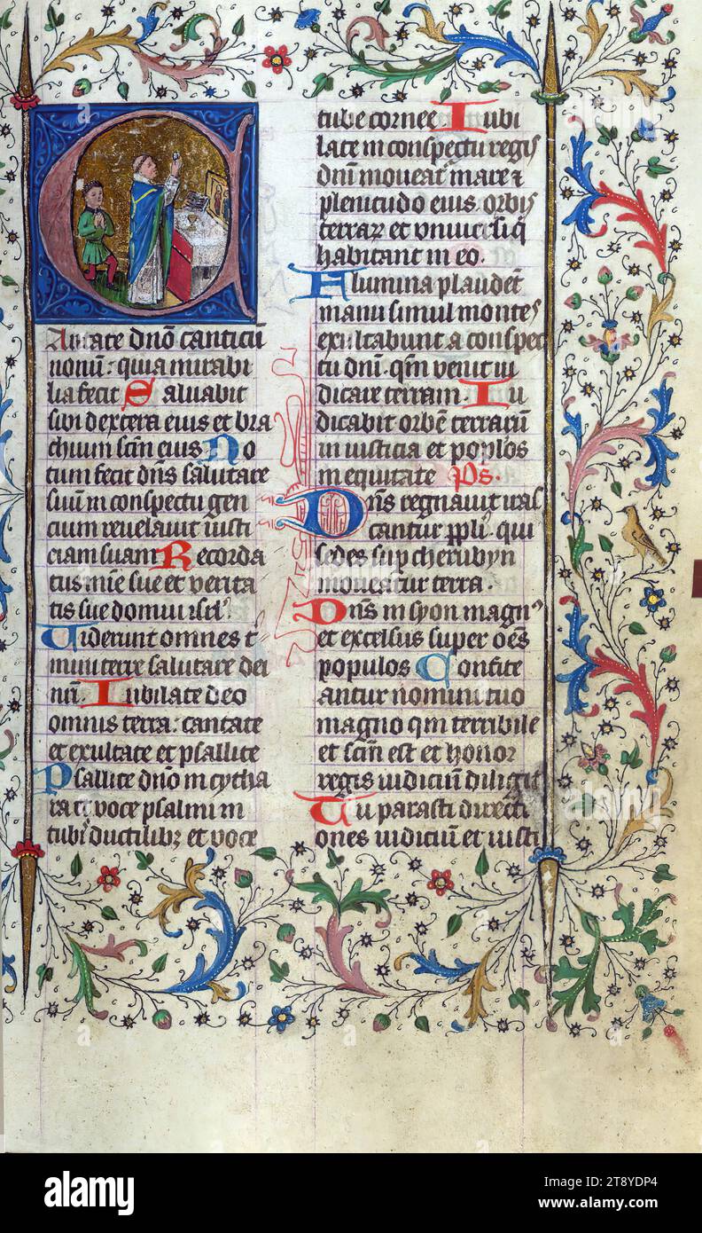 Breviary, Initial 'C' with elevation of the Host, and man on bended knee, This small breviary, having more that five hundred folio, is extraordinary for its length, considering it is the summer portion of a two-volume breviary for the use of Liège. The manuscript was completed for ecclesiastical use at Cathedral of Notre-Dame and St. Lambert in Liège in 1420 circa. The attribution is evidenced for instance by the Petitions to the congregation of this Cathedral, as well as the armorial shield of the family of Surlet de Chokier of Liège represented at the opening of the Psalms Stock Photo