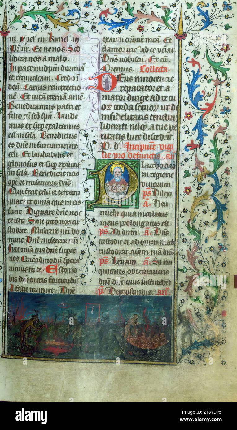 Breviary, Initial 'P' with the bosom of Abraham, and small miniature of hell, This small breviary, having more that five hundred folio, is extraordinary for its length, considering it is the summer portion of a two-volume breviary for the use of Liège. The manuscript was completed for ecclesiastical use at Cathedral of Notre-Dame and St. Lambert in Liège in 1420 circa. The attribution is evidenced for instance by the Petitions to the congregation of this Cathedral, as well as the armorial shield of the family of Surlet de Chokier of Liège represented at the opening of the Psalms Stock Photo