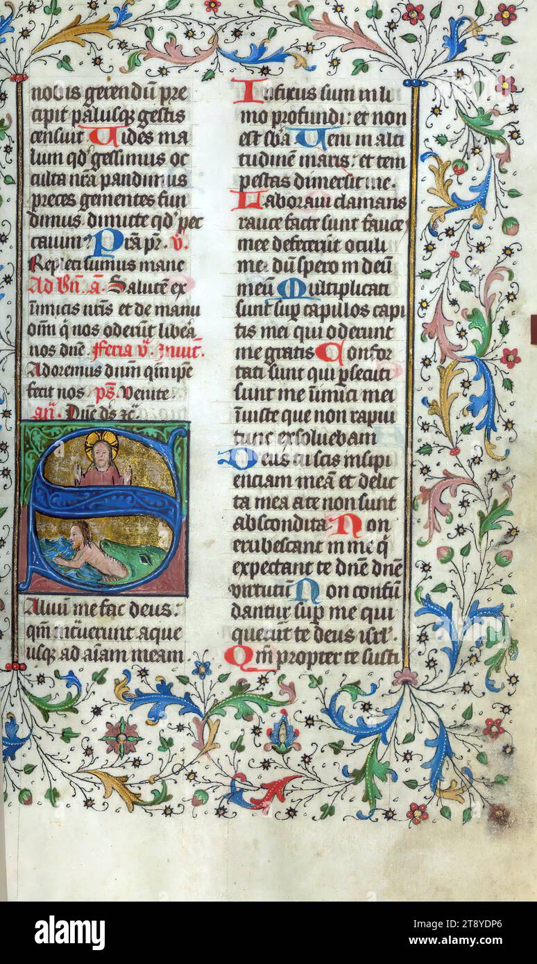Breviary, Initial 'S' with Christ, and Jonah issuing from green whale, This small breviary, having more that five hundred folio, is extraordinary for its length, considering it is the summer portion of a two-volume breviary for the use of Liège. The manuscript was completed for ecclesiastical use at Cathedral of Notre-Dame and St. Lambert in Liège in 1420 circa. The attribution is evidenced for instance by the Petitions to the congregation of this Cathedral, as well as the armorial shield of the family of Surlet de Chokier of Liège represented at the opening of the Psalms Stock Photo