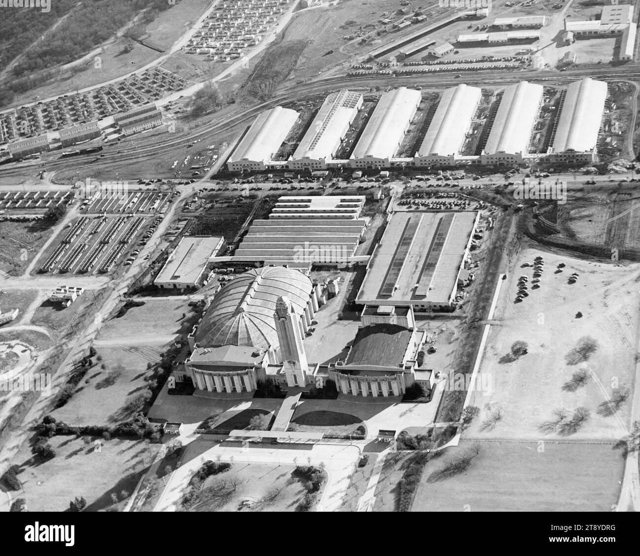 Aerial view of the Will Rogers Memorial Coliseum where the Southwestern Exposition and Fat Stock shows are held, Fort Worth, Texas, circa 1950. Photo by United States Information Agency Stock Photo