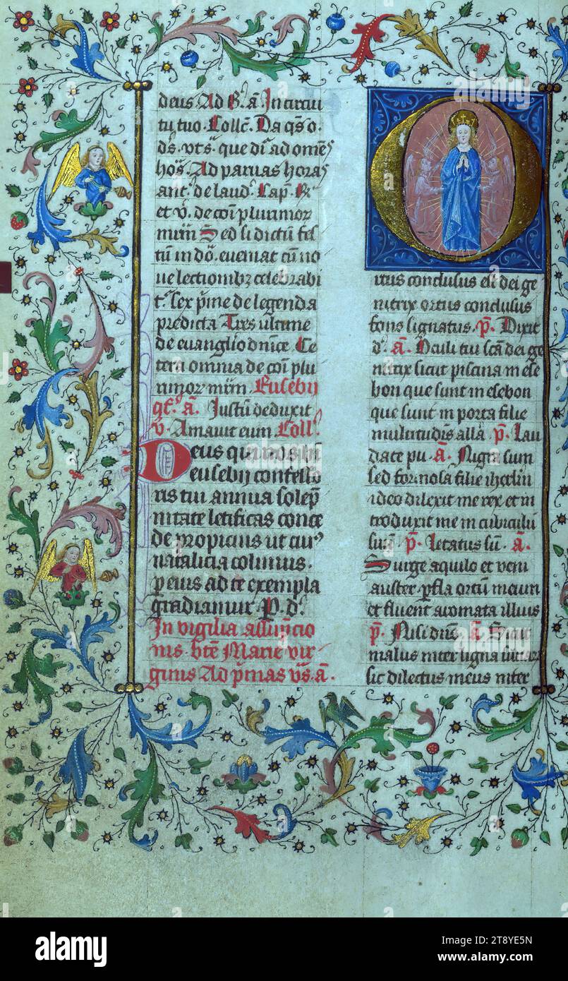 Breviary, Initial 'O' with the Assumption of the Virgin, This small breviary, having more that five hundred folio, is extraordinary for its length, considering it is the summer portion of a two-volume breviary for the use of Liège. The manuscript was completed for ecclesiastical use at Cathedral of Notre-Dame and St. Lambert in Liège in 1420 circa. The attribution is evidenced for instance by the Petitions to the congregation of this Cathedral, as well as the armorial shield of the family of Surlet de Chokier of Liège represented at the opening of the Psalms Stock Photo