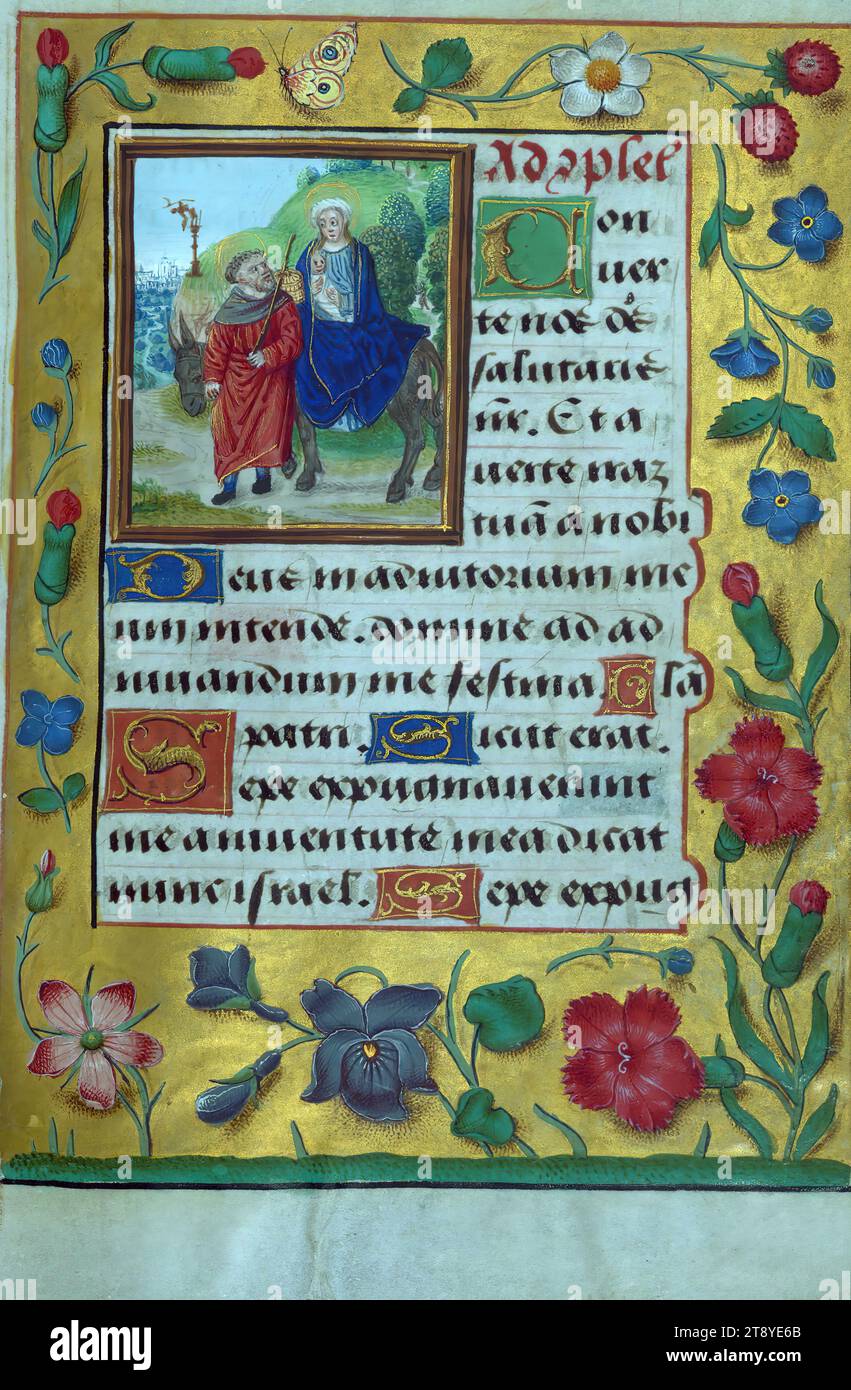 Book of Hours of the family de la Porte, Flight into Egypt; Fall of Idol, This sixteenth-century Book of Hours was created by one of the followers of the Master of the Prayer Books of Bruges for the usage of Rome in 1510 Stock Photo