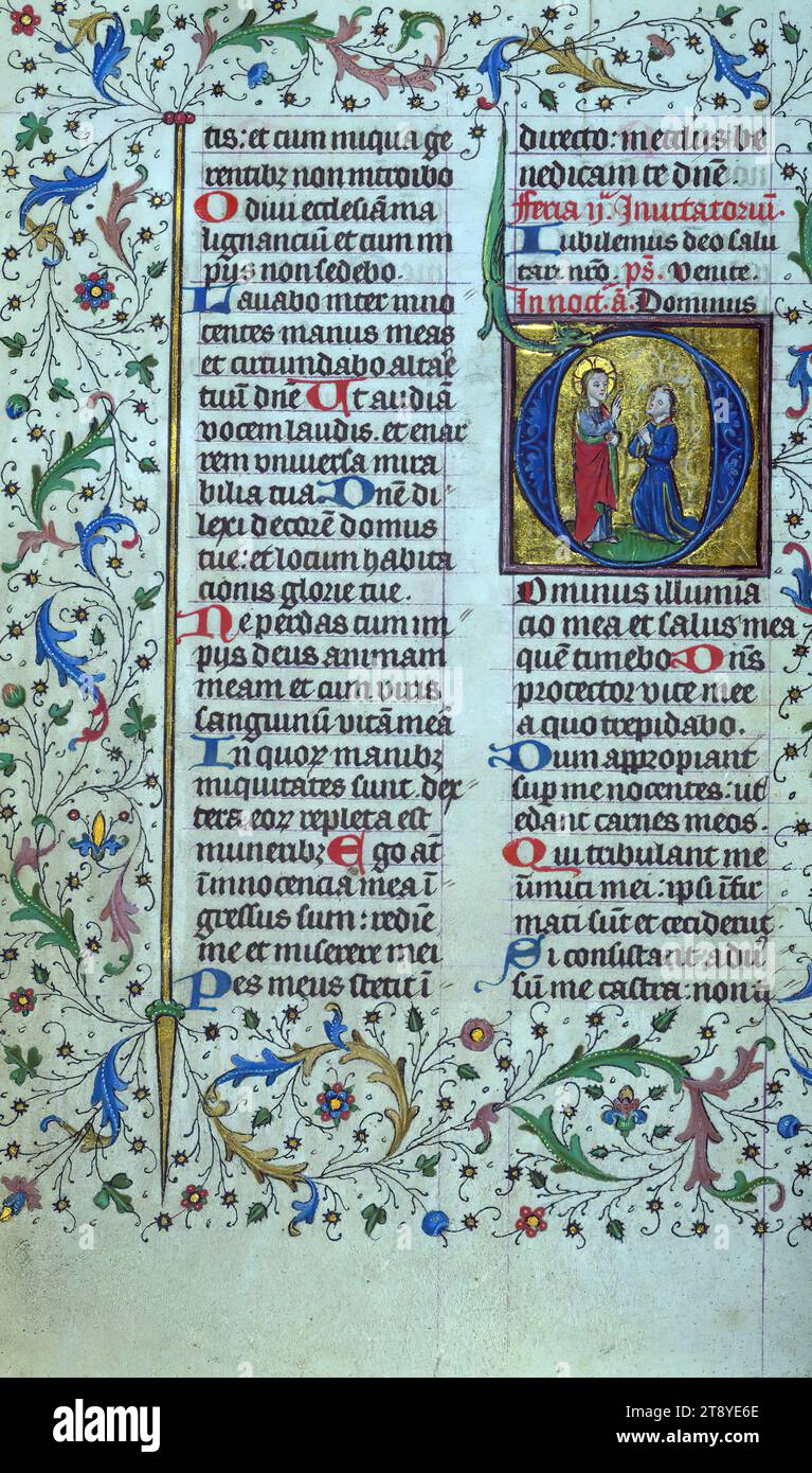 Breviary, Initial 'D' with God blessing laic, This small breviary, having more that five hundred folio, is extraordinary for its length, considering it is the summer portion of a two-volume breviary for the use of Liège. The manuscript was completed for ecclesiastical use at Cathedral of Notre-Dame and St. Lambert in Liège in 1420 circa. The attribution is evidenced for instance by the Petitions to the congregation of this Cathedral, as well as the armorial shield of the family of Surlet de Chokier of Liège represented at the opening of the Psalms Stock Photo