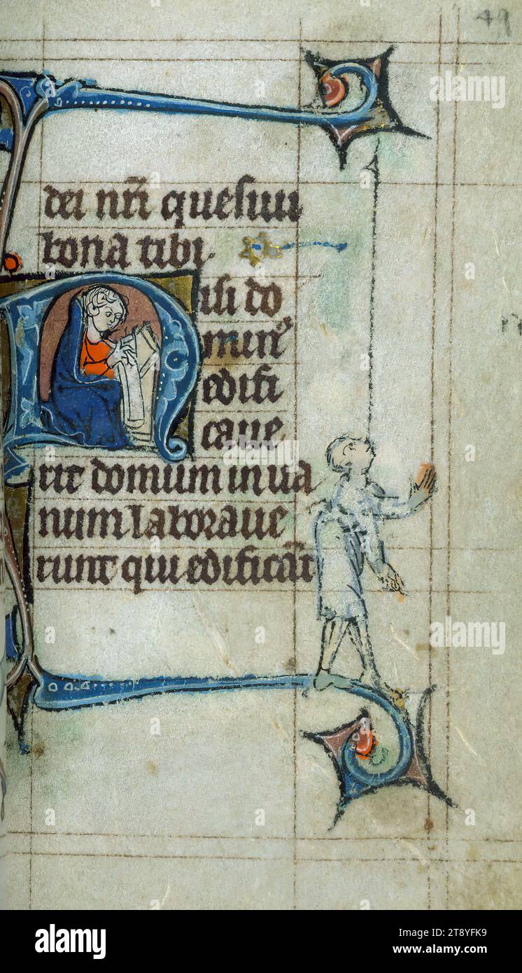 Incomplete Latin Scroll Book of Hours (incomplete), Initial 'N' with a seated scribe writing on ...