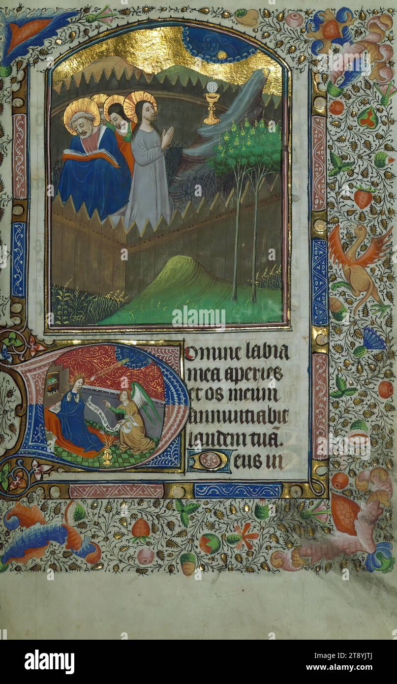 Book of Hours, Above: Agony in the Garden; below: Annunciation, This large Book of Hours was created ca. 1440-50 in Bruges by the Masters of the Gold Scrolls. The original female patron was especially devoted to Franciscan and French saints, as evinced by the content of the calendar, litany, and suffrages. Although six images have been lost, the remaining seventeen miniatures and eight historiated initials are fine representations of the later work of the Gold Scrolls artists working in Bruges through ca. 1450 Stock Photo