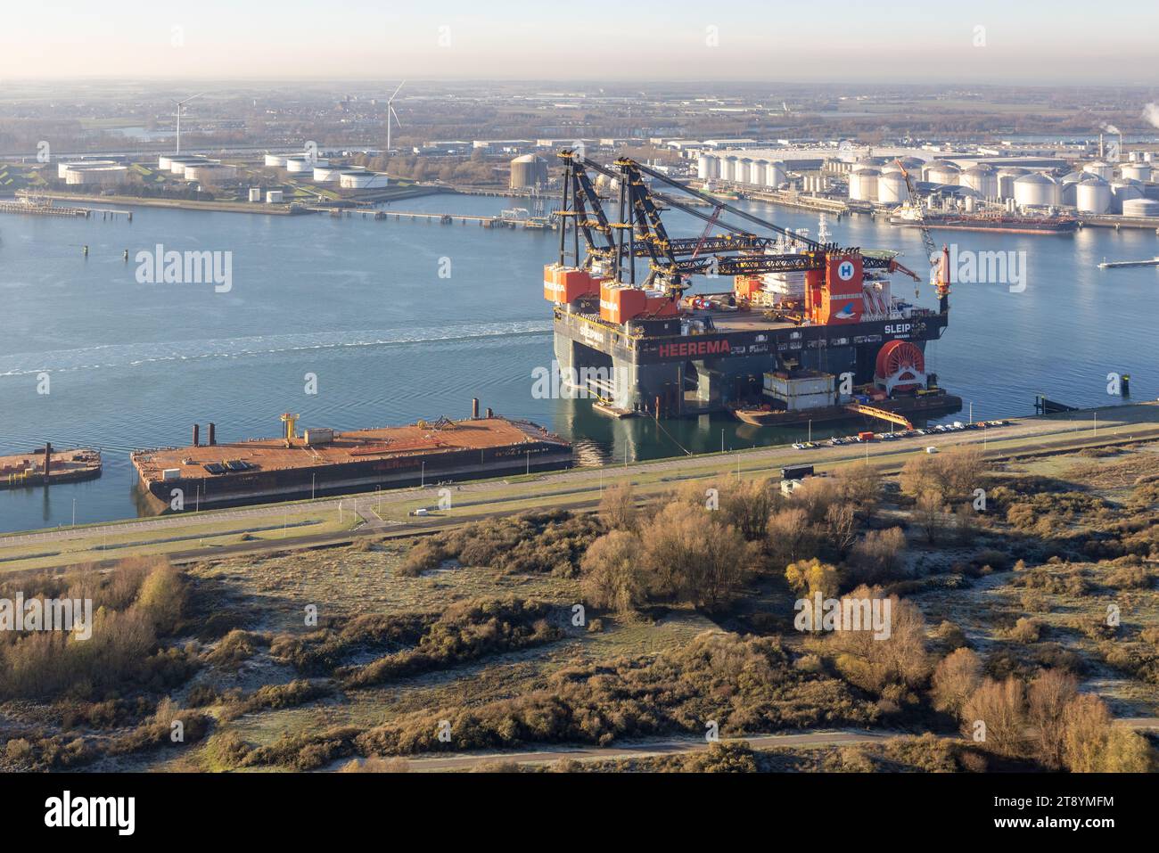Maasvlakte Rotterdam, The Netherlands - December 14, 2022: aerial view at heavy deepwater construction and crane vessel Stock Photo