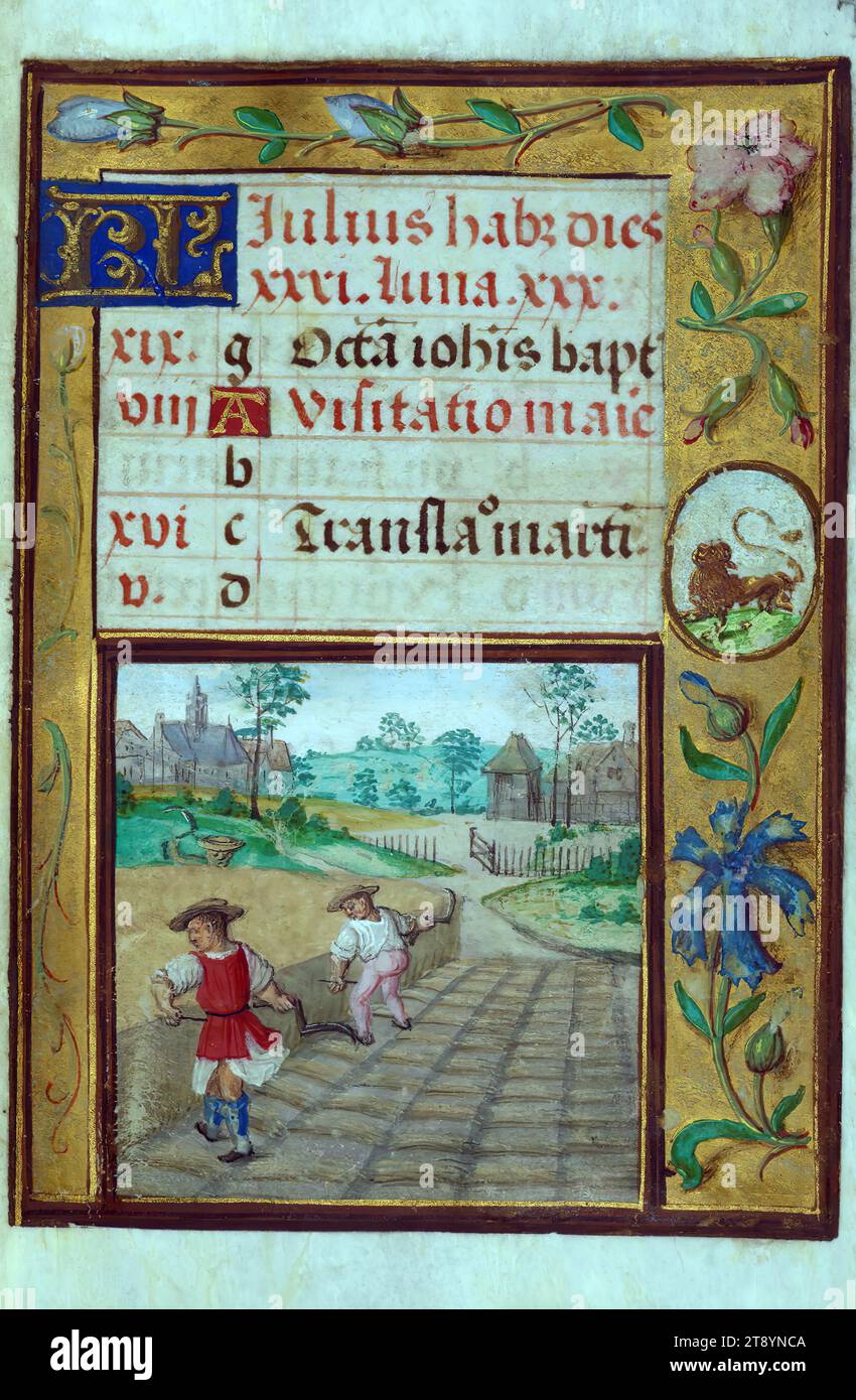 Prayer Book (fragment), Two men reaping with sickles with marginalia Leo, This Prayer Book was created ca. 1520-30, likely in Brussels, in the style of the Master of Charles V. It consists entirely of single folios that were added in or moved around in the book, rendering collation unfeasible. Many of intricate and high-quality miniatures were reproduced through chromolithography by Léon Gruel in his Petites Heures, published in Paris in 1875. The calendar is especially charming and features seasonally relevant illustrations, such as children having a snowball fight in December Stock Photo