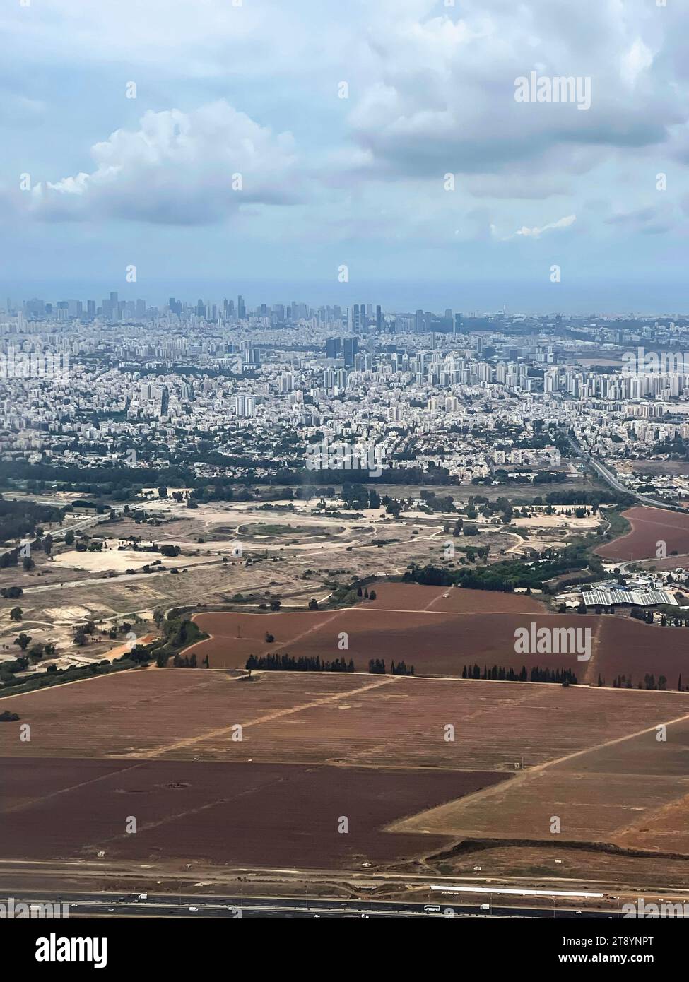 Tel Aviv, Israel - OCT 1, 2023: Aerial view of Israeli and Palestinian towns close to the Ben Gurion International Airport. Stock Photo
