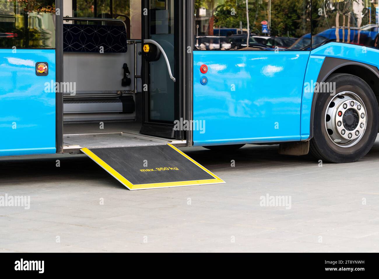 Accessibility in public transport. Bus ramp low floor. Accessible environment. Stock Photo