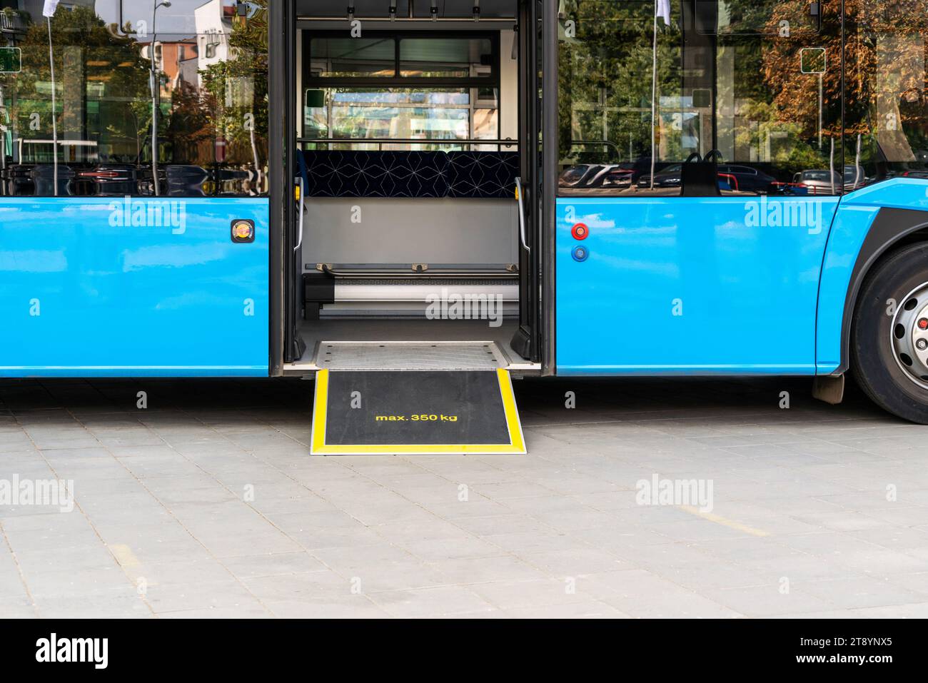 Bus ramp low floor. Accessibility in public transport. Bus ramp low floor. Stock Photo