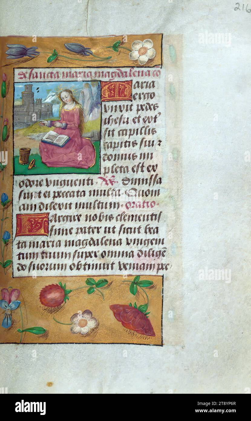 Book of Hours (for use of Tournai), St. Mary Magdalene, This Book of Hours was completed for the Use of Tournai and was illuminated ca. 1500 under the influence of the Master of the Prayer Books. Synthesis of text and decoration is well balanced in this manuscript Stock Photo