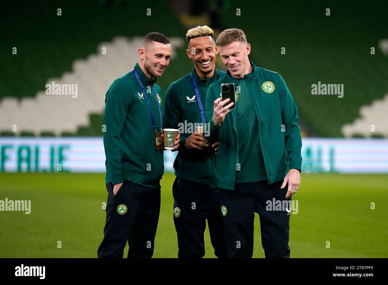 Republic of Ireland's James McClean (right) takes a selfie with team-mates Alan Browne (left) and Callum Robinson before an International Friendly match at the Aviva Stadium, Dublin. Picture date: Tuesday November 21, 2023. Stock Photo