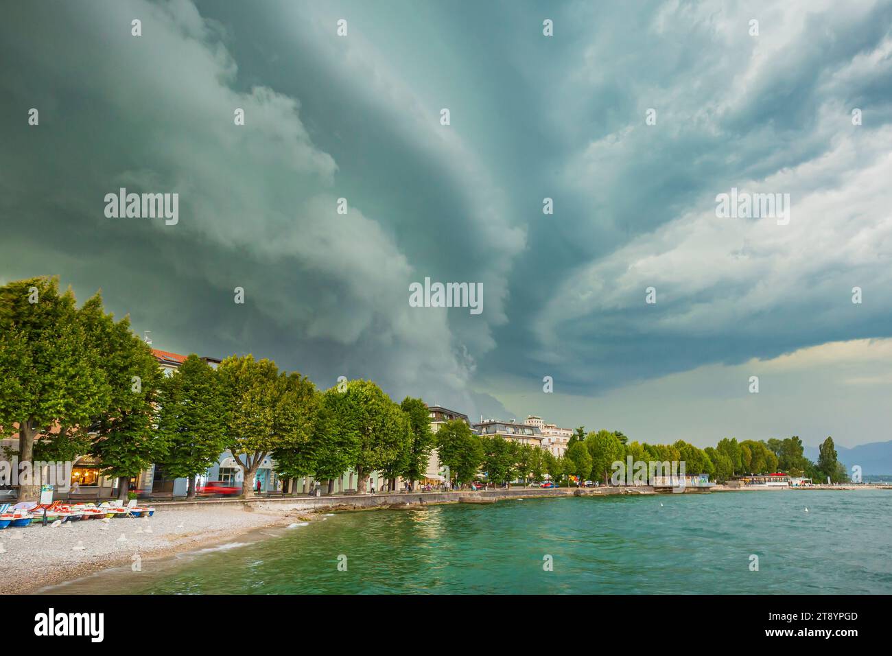 August 12 2019, Desenzano del Garda, Lombardy, Italy - Severe weather with thunderstorms, heavy rain showers and strong winds develop rapidly at Desen Stock Photo