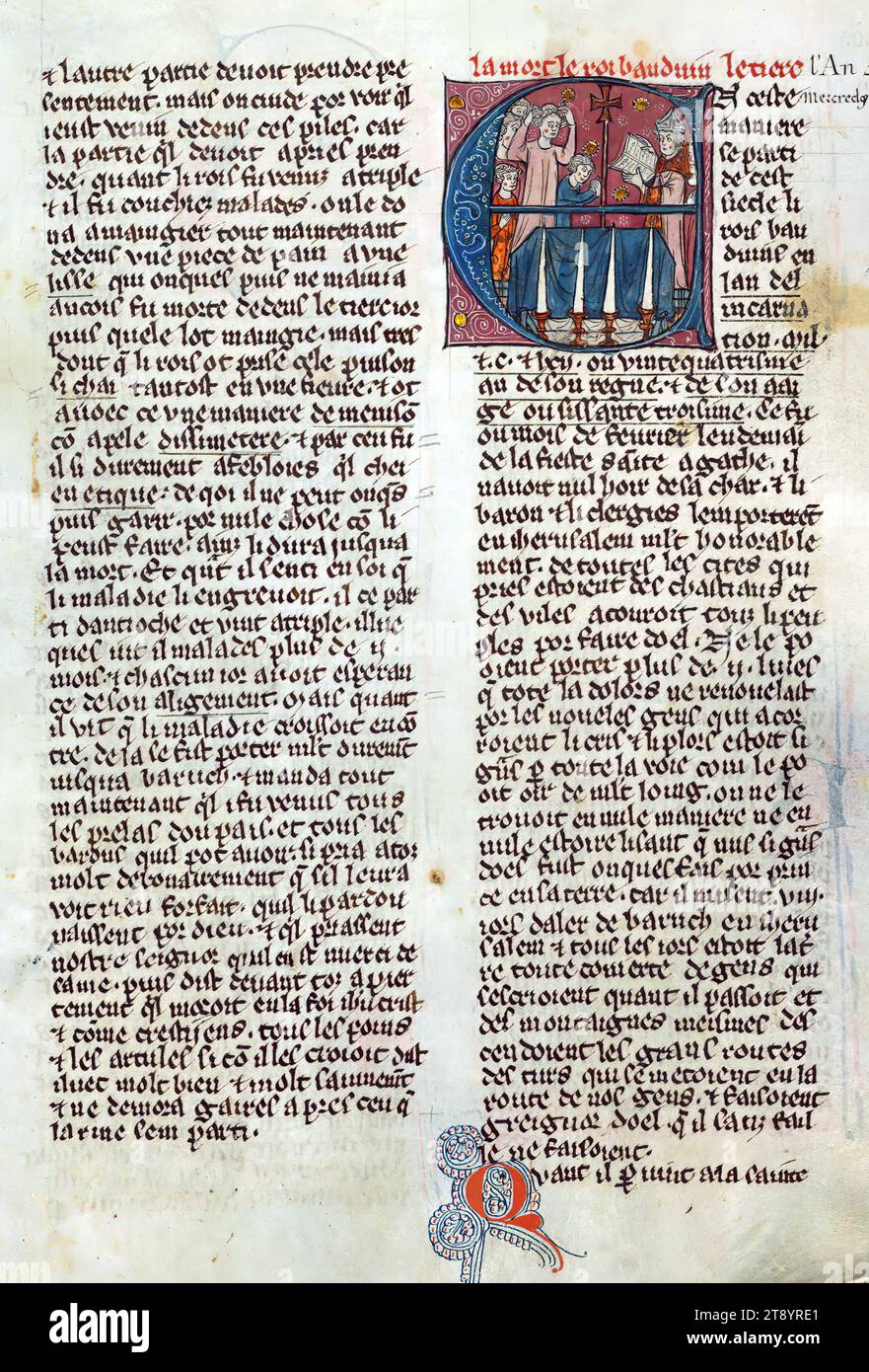 William of Tyre's Histoire d'Outre Mer, Initial 'E' with the funeral service of King Baldwin III, This manuscript, completed in the later part of the thirteenth century, contains William of Tyre's Estoire d'Eracles (to 1229), Les Faits des Romains (continuation, Tiberius to Julian), and a letter of Prester John. While the origin of the manuscript is debatable between Acre and Paris, Jaroslav Folda suggests a strong connection with Epinal 45, a manuscript known to have been created in Paris during this same time Stock Photo