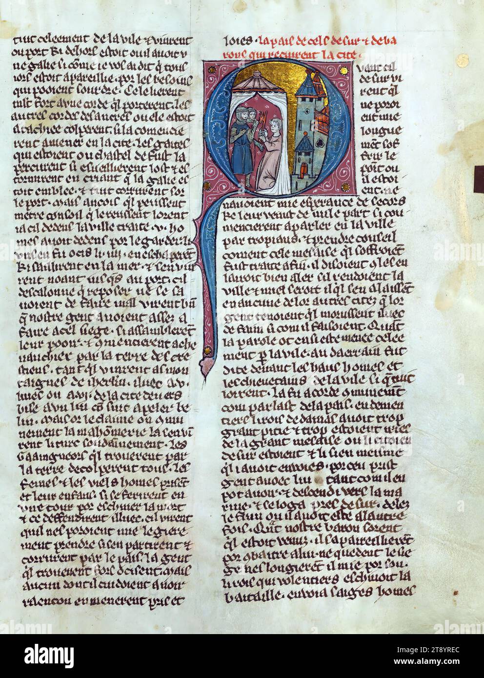 William of Tyre's Histoire d'Outre Mer, Initial 'Q' with man handing knights in tent the key to the city of Tyre, This manuscript, completed in the later part of the thirteenth century, contains William of Tyre's Estoire d'Eracles (to 1229), Les Faits des Romains (continuation, Tiberius to Julian), and a letter of Prester John. While the origin of the manuscript is debatable between Acre and Paris, Jaroslav Folda suggests a strong connection with Epinal 45, a manuscript known to have been created in Paris during this same time Stock Photo