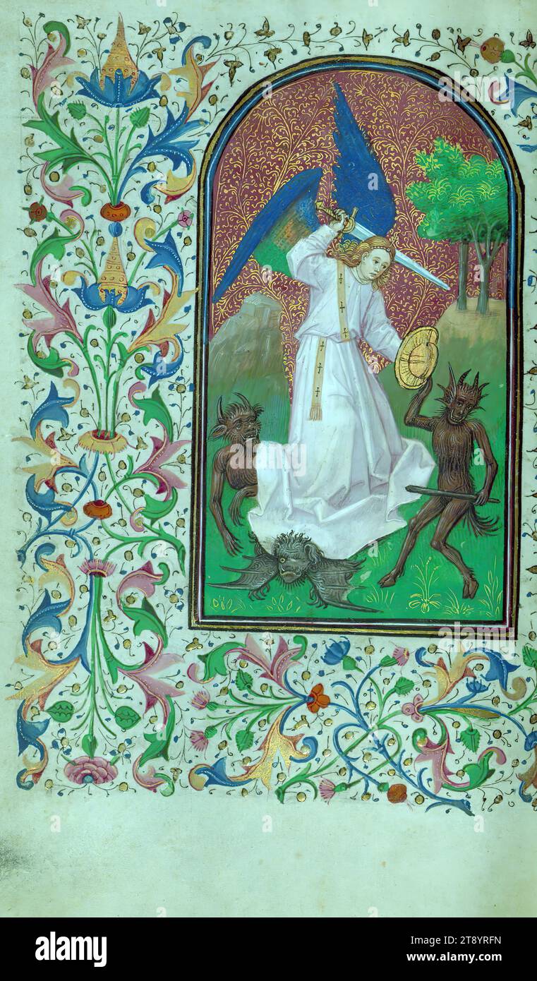 Book of Hours, St. Michael vanquishes three devils, Made for use in the diocese of Cambrai ca. 1450-60, this Book of Hours is extraordinary for its lavish illumination. It was likely produced by several artists within the circle of Willlem Vrelant, and the wealth of texts and images recall the richness of manuscripts by Vrelant from the same era, such as the Hours of Isabel la Católica (Biblioteca del Palacio Real, Madrid, Arm. Inf. 61) completed in Bruges ca. 1455 Stock Photo