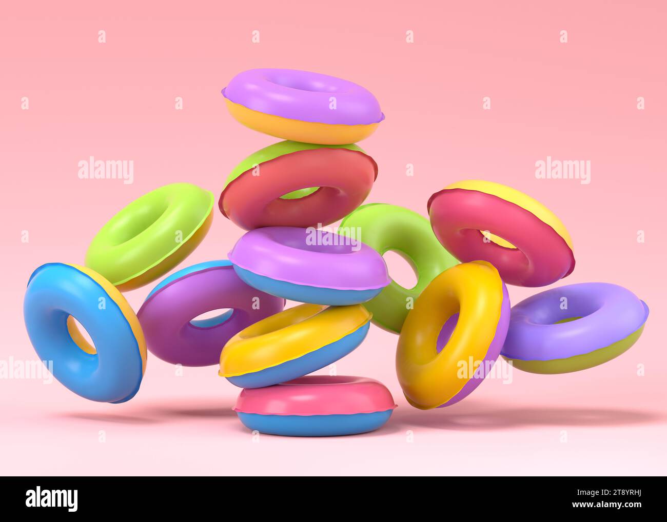 Pink Flying Rings Colorful inflatable rings flying on pink background. 3D render of ...