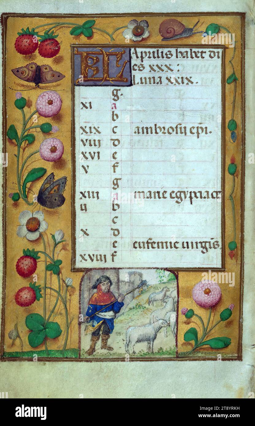 Book of Hours, Shepherd tending to five sheep, This manuscript was created ca. 1500 in Bruges or Ghent, and was influenced by the Master of the Prayerbooks, the Master of the Dresden Prayerbook, and the Master of the David Scenes in the Grimani breviary. It was likely made for a female patron with Franciscan affinity, as suggested by the contents of the calendar Stock Photo