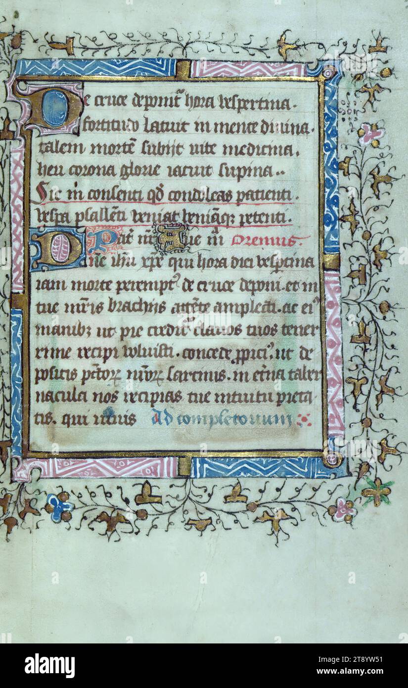 Book of Hours (Cistercian), Marginalia, This Book of Hours was created ca. 1440 in Hainaut for a female patron with Cistercian connections, which is suggested by long devotional sequences focused on the Passion of Christ and the Virgin, including indulgences, a litany with Cistercian affiliation, and various references to a female suppliant. Two devotional texts written by various scribes in Latin and French were added to the front and back of the book ca. 1450-1600 Stock Photo