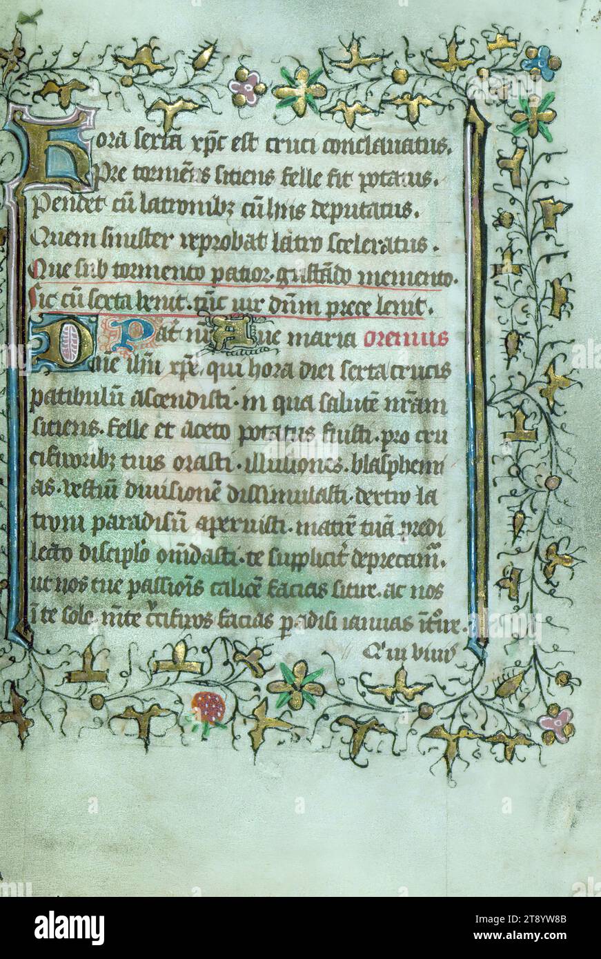 Book of Hours (Cistercian), Marginalia, This Book of Hours was created ca. 1440 in Hainaut for a female patron with Cistercian connections, which is suggested by long devotional sequences focused on the Passion of Christ and the Virgin, including indulgences, a litany with Cistercian affiliation, and various references to a female suppliant. Two devotional texts written by various scribes in Latin and French were added to the front and back of the book ca. 1450-1600 Stock Photo